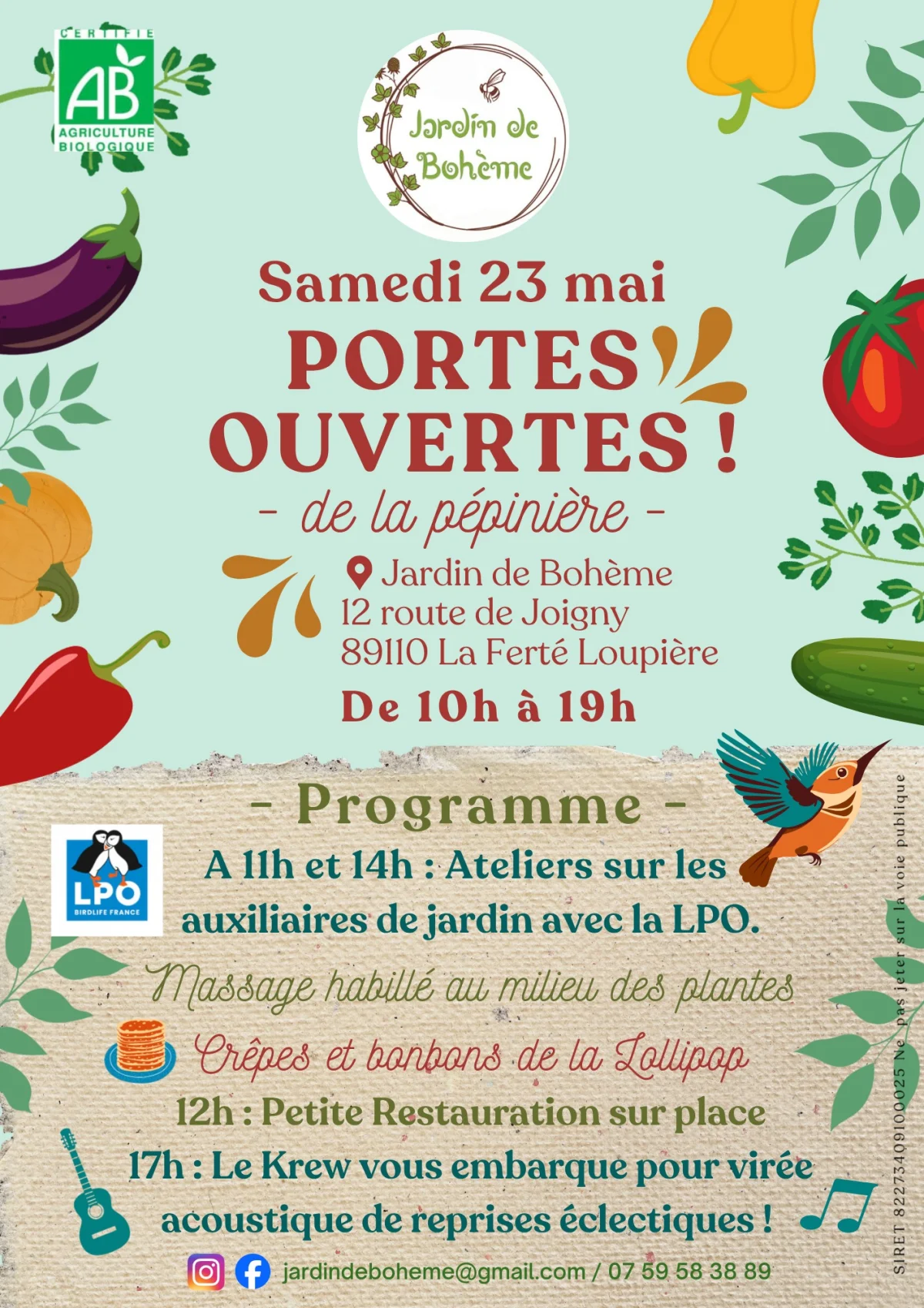 Portes ouvertes de la pépinière Jardin de Bohème (Concert, Atelier LPO fabrication gites a insectes et oiseaux, massage habillé au milieu des plantes, petite restauration) – La Ferté Loupière  (La pépinière Jardin de Bohème / 12 Route de Joigny ) (affiche de l’événement)