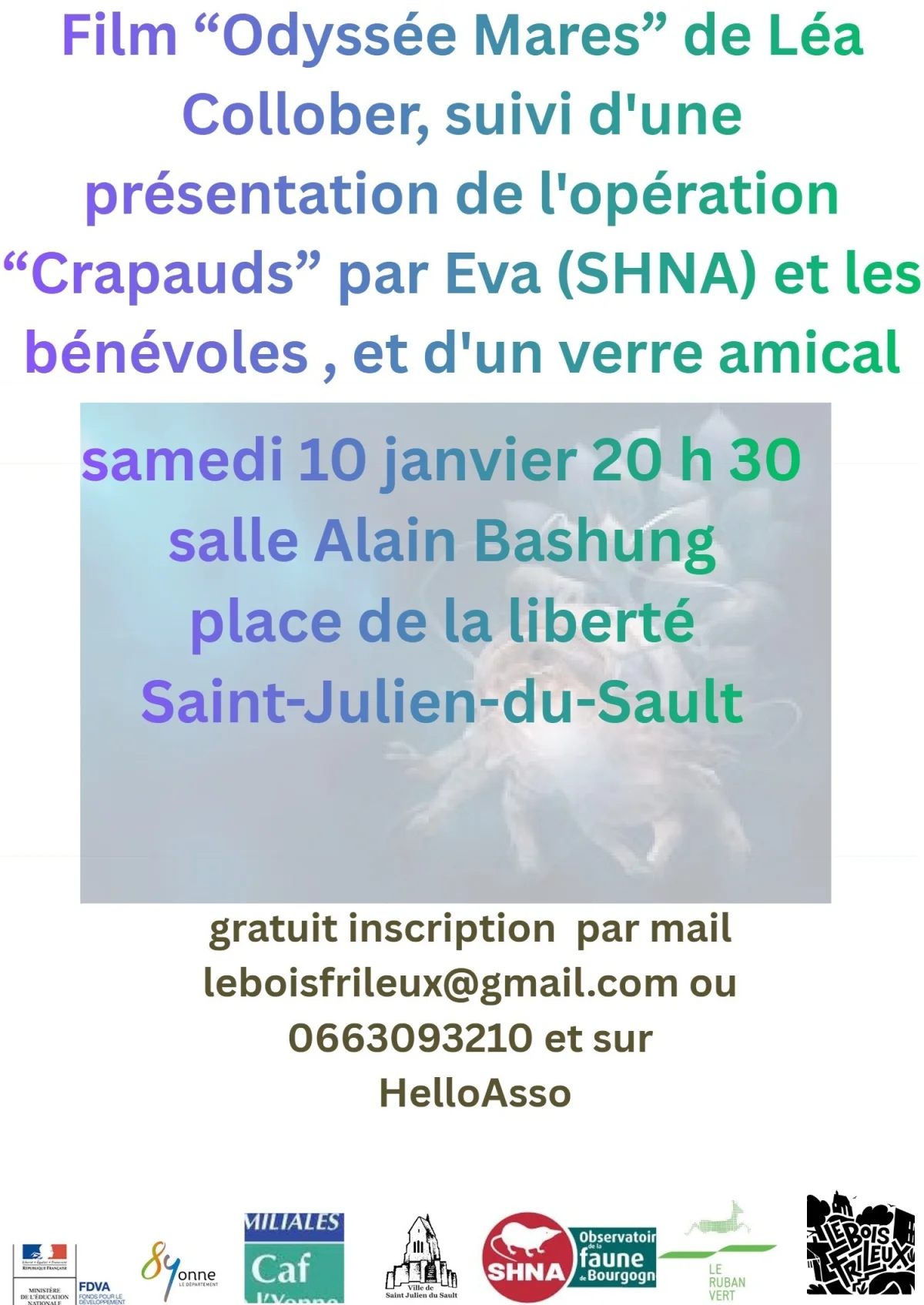 Projection du film "Odyssée mares" de Léa Collober, suivie d'une présentation de l'opération de sauvetage des crapauds à Saint-Julien-du-Sault par Léa de la SHNA et des bénévoles + Verre de l'amitié. – Saint-Julien-du-Sault (Salle de cinéma Alain Bashung) (affiche de l’événement)