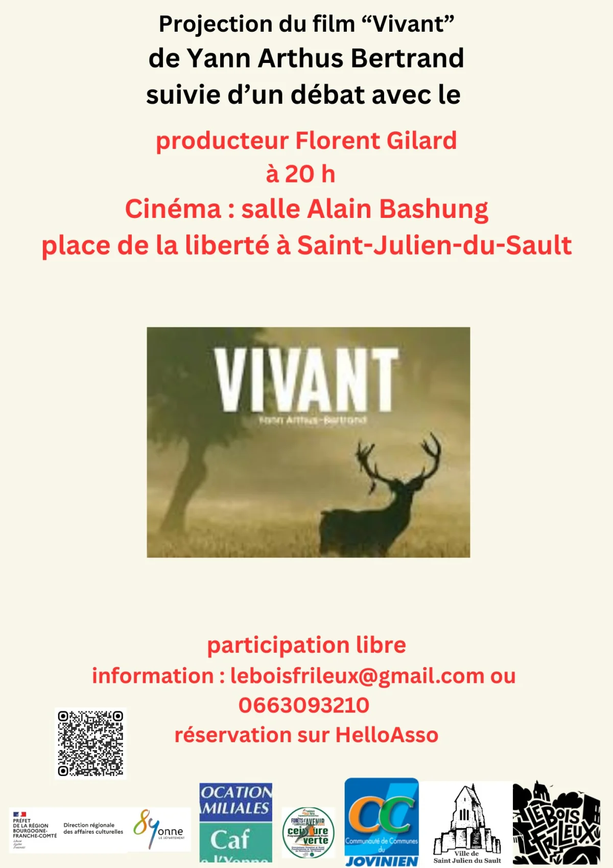 Projection du film "Vivant" suivie d'un débat – Saint Julien du Sault (Salle Alain Bashung) (affiche de l’événement)