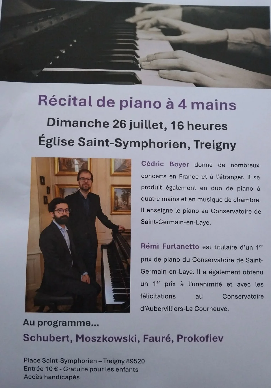 Récital de piano a 4 mains – Treigny-Perreuse-Sainte-Colombe (Eglise st symphorien) (affiche de l’événement)