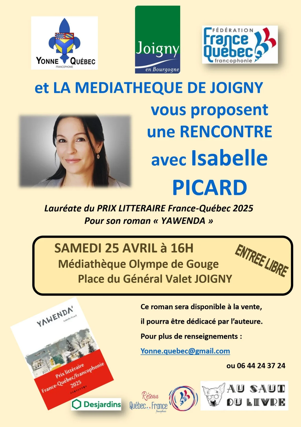 Rencontre avec Isabelle Picard, auteure québécoise Lauréate du prix littéraire France-Québec 2025 – Joigny (Médiathèque Olympe de Gouges) (affiche de l’événement)