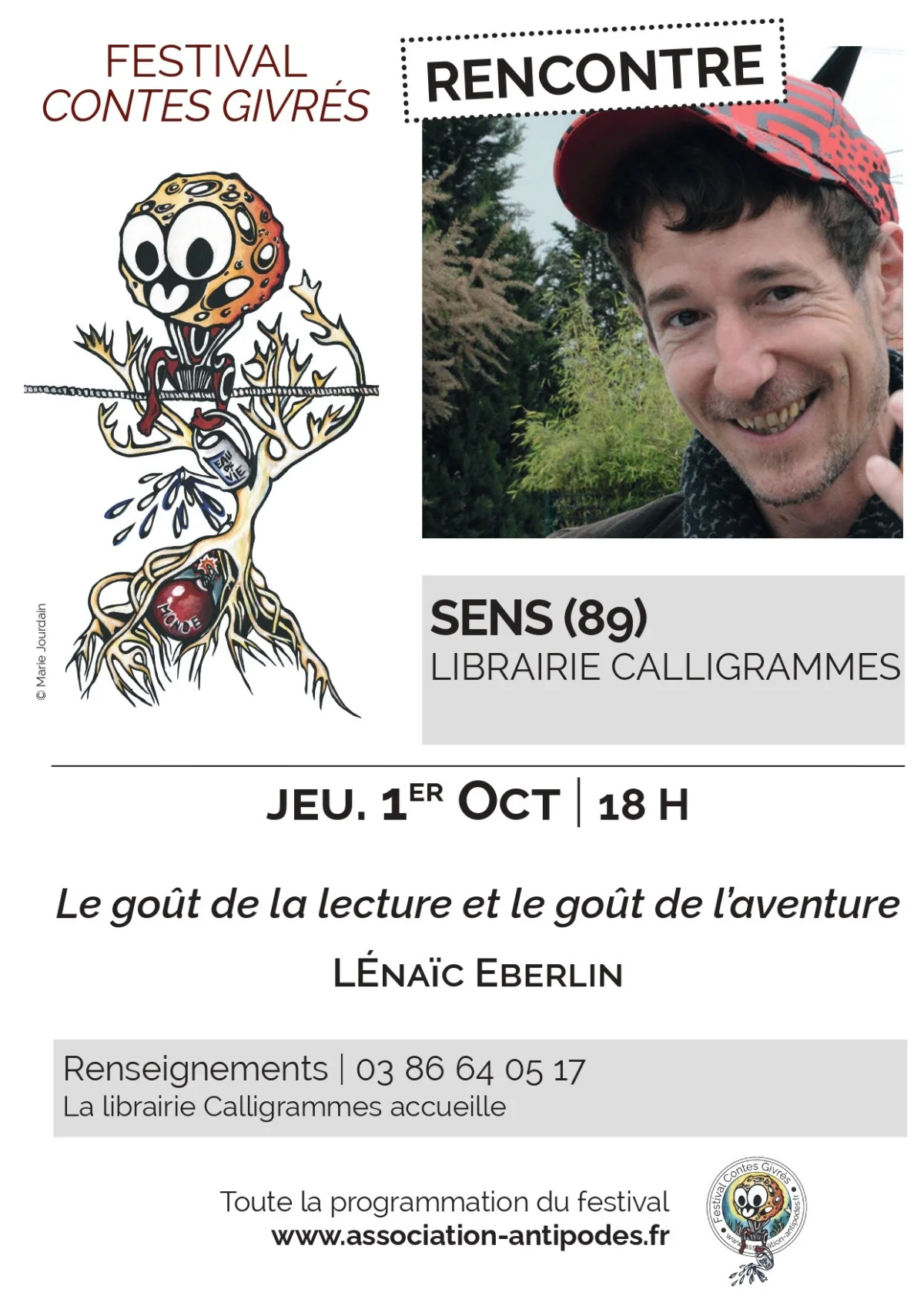Rencontre avec Lénaïc Eberlin, conteur, en représentation le 2 octobre à Véron avec le seul en scène "Le Vieux qui lisait des romans d'amour" – Sens (Librairie Calligrammes) (affiche de l’événement)