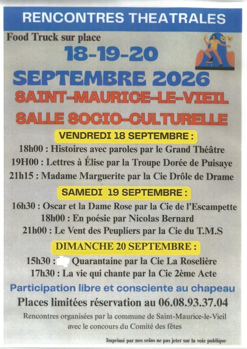 Rencontres théâtrales à Saint Maurice le Vieil – Saint-Maurice-le-Vieil (Salle socio-culturelle - En face du 28 route de Thizouaille à Merry.) (affiche de l’événement)