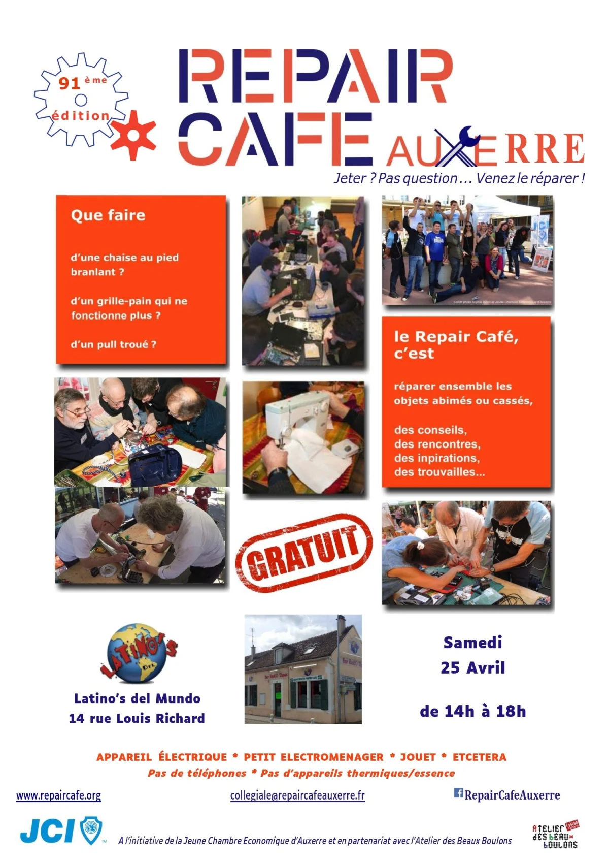 Repair Café / Remise en état gratuitement d'un matériel défectueux ou cassés  par des réparateurs désireux de prolonger la vie des objets. – Auxerre (café restaurant, le Latinos's Del Mundo / Rue Louis Richard.) (affiche de l’événement)