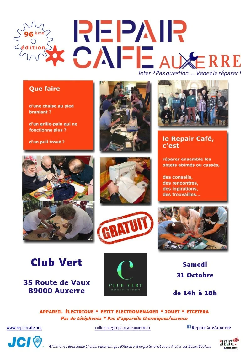 Repair café – Auxerre (Club Vert /  route de Vaux / En face de l'ancien vélodrome) (affiche de l’événement)