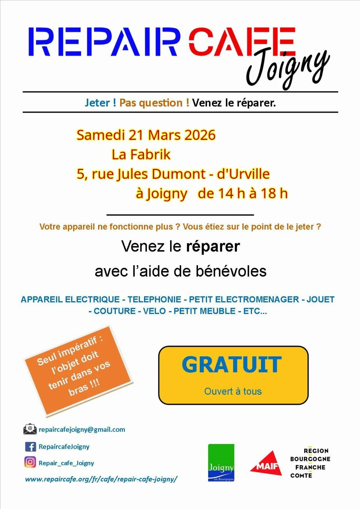 Repair Café de Joigny / Jeter ? / Pas question... Venez le réparer! – Joigny (La Fabrik) (affiche de l’événement)