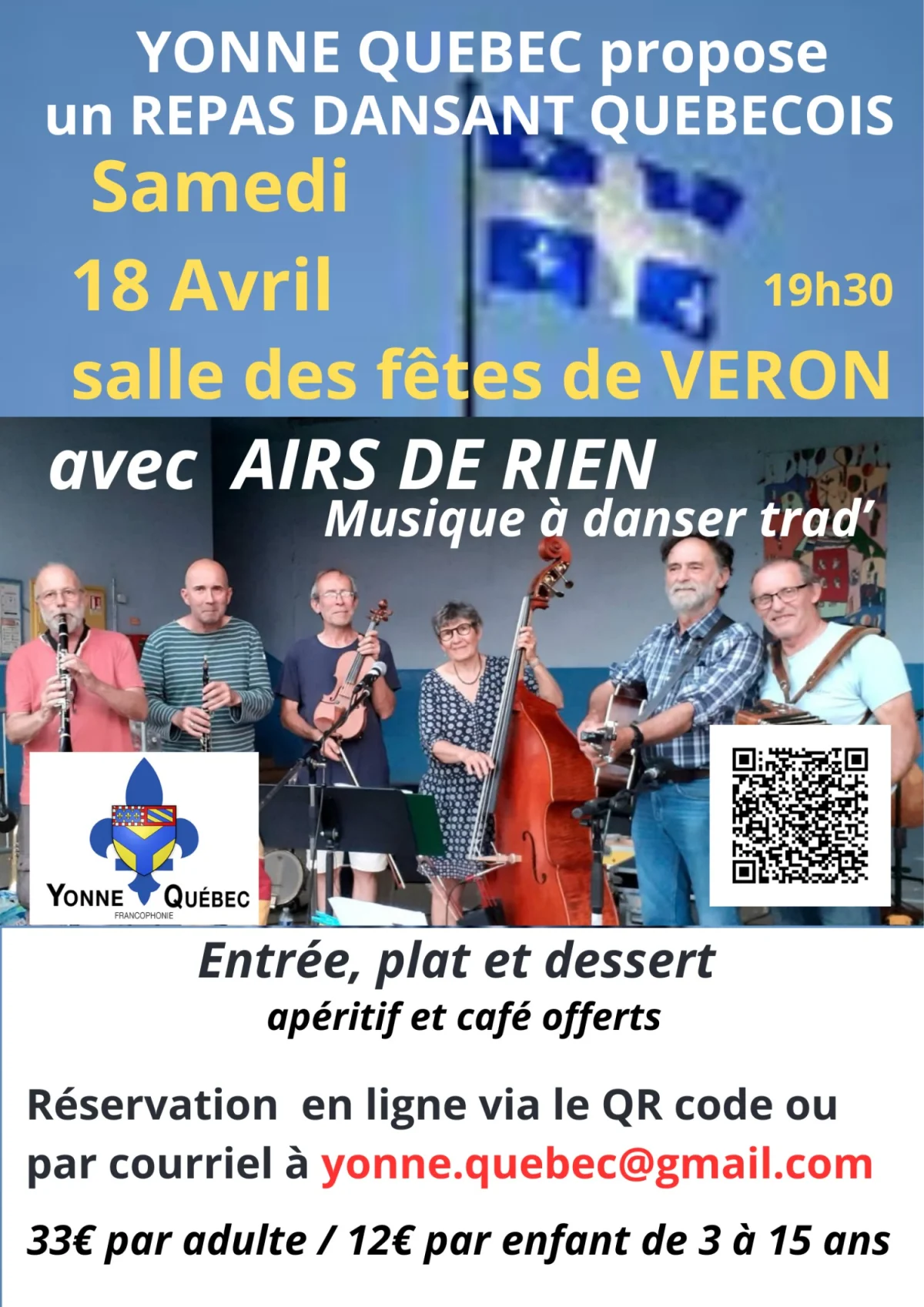 Repas dansant Québécois avec le groupe Airs de Rien (Musique à danser trad') – Véron (Salle des fêtes) (affiche de l’événement)