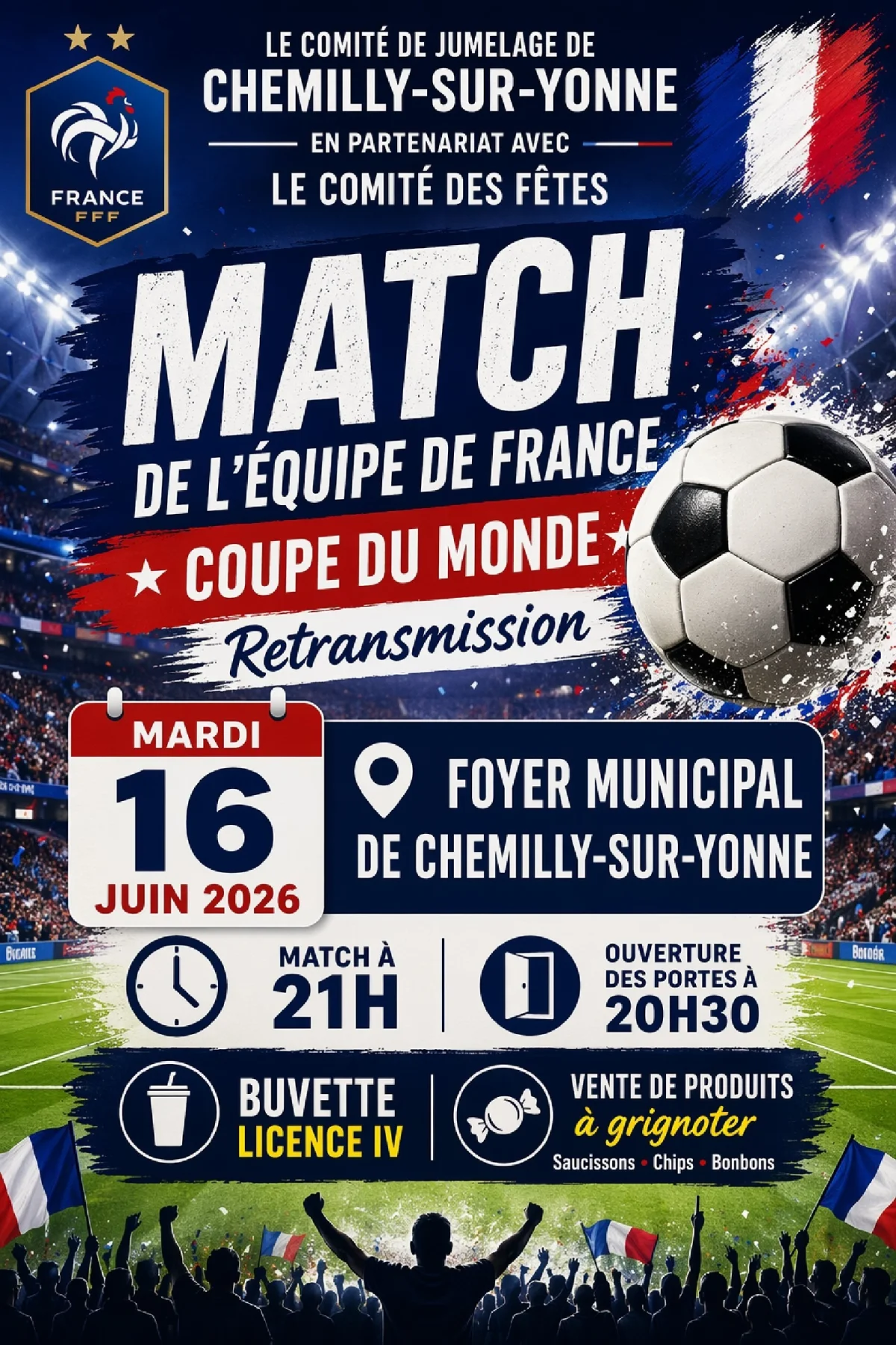 Retransmission du premier match de l'équipe de France de football – Chemilly sur Yonne (Bar du Comité (Foyer municipal)) (affiche de l’événement)