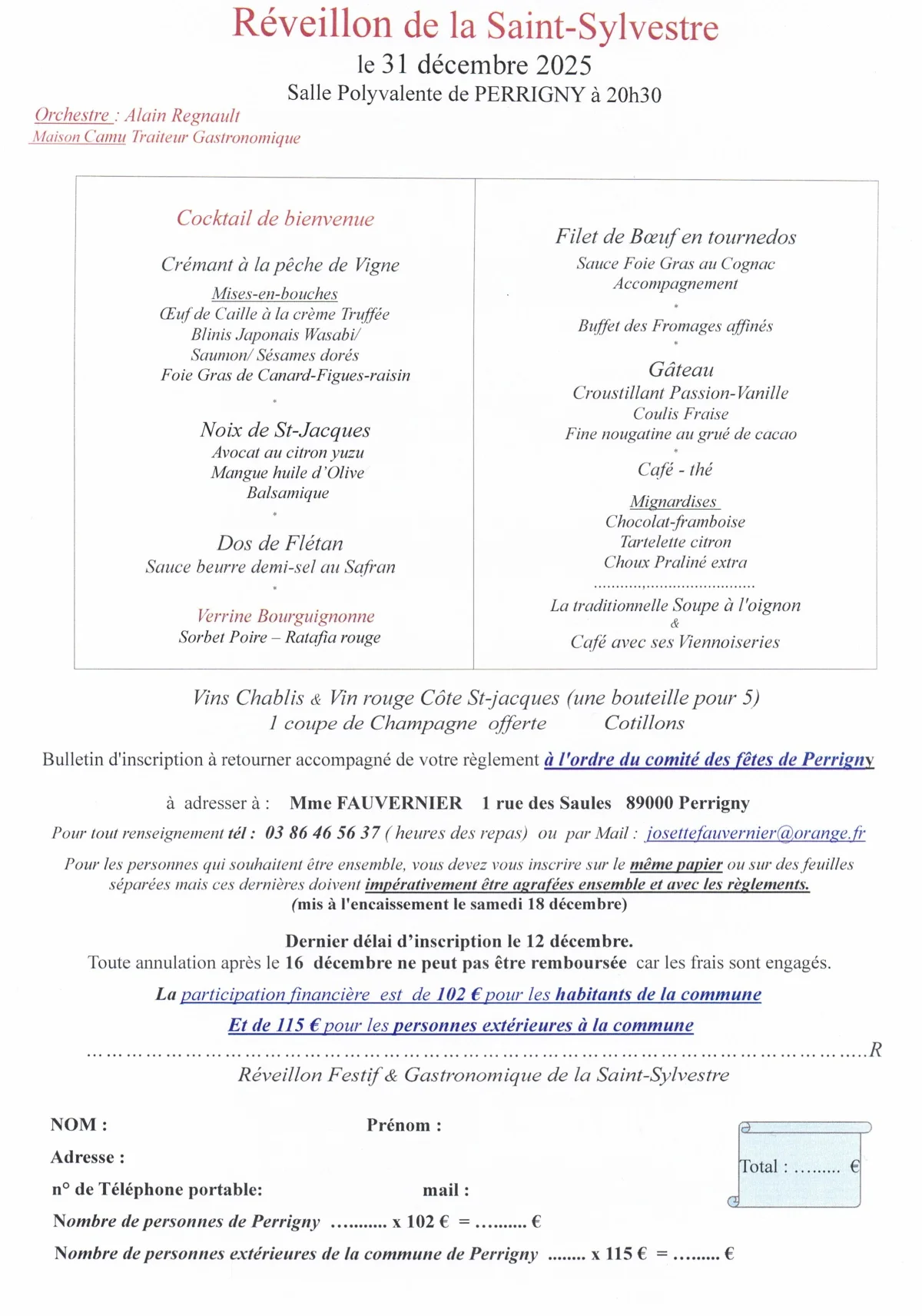 Réveillon de la Saint Sylvestre : Repas dansant avec cotillons proposé par la Maison Camus (traiteur gastronomique) et animé par l'Orchestre Alain Regnault – Perrigny (salle polyvalente) (affiche de l’événement)