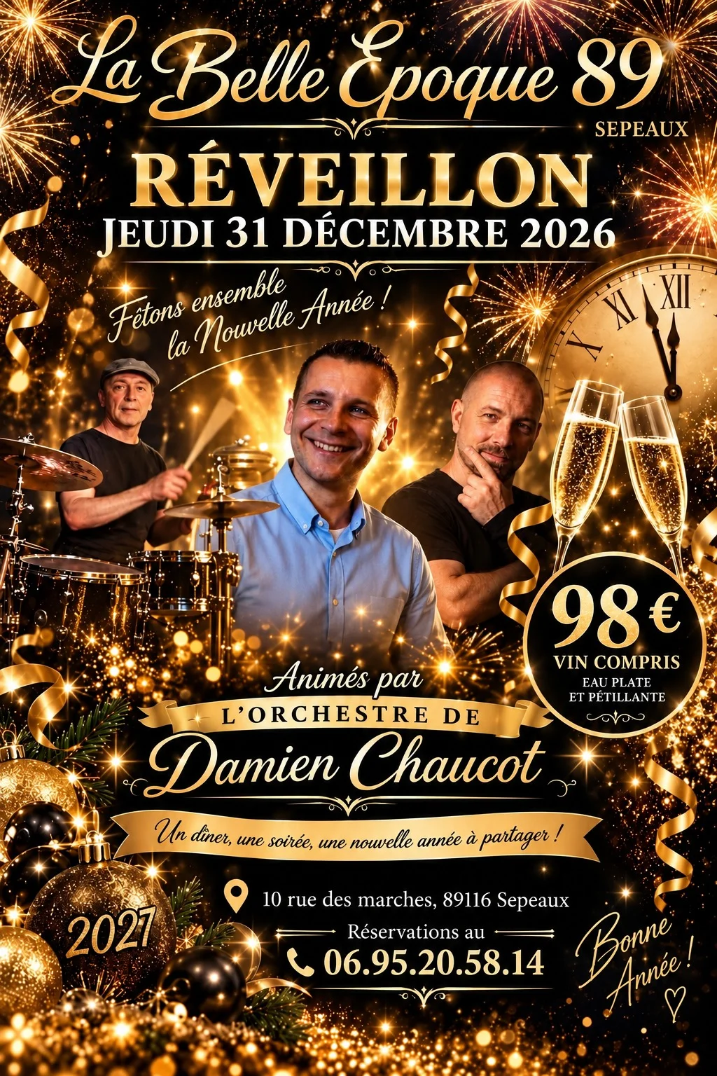 Réveillon de la Saint-Sylvestre avec l’orchestre de Damien Chaucot – Sepeaux (La Belle Époque 89) (affiche de l’événement)