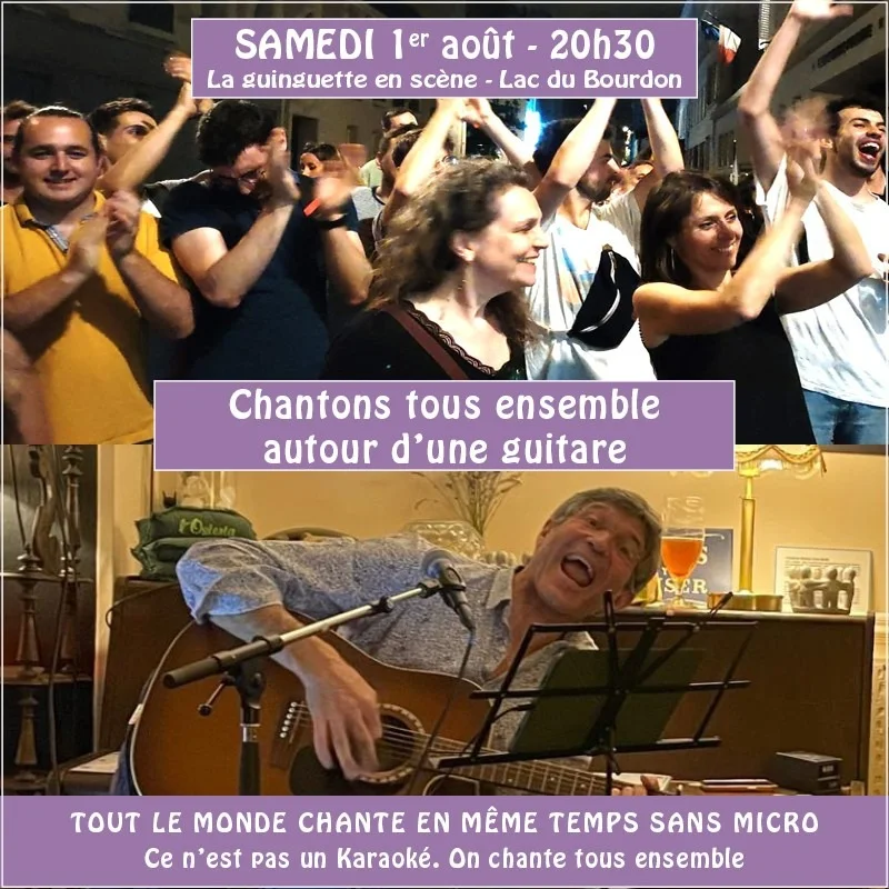 On chante tous ensemble autour d’une guitare – Saint Fargeau (La Guinguette en Scène / Lac du Bourdon / Lieu-dit La Calanque) (affiche de l’événement)