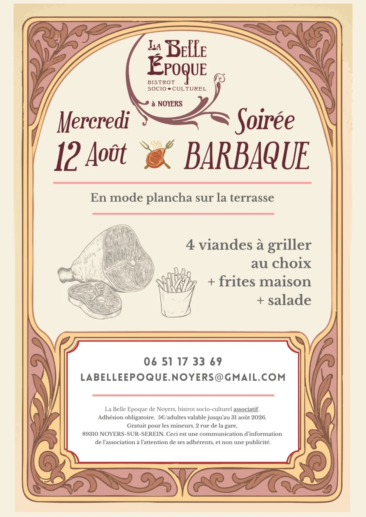 Soirée Barbaque en terrasse – Noyers-sur-Serein (La Belle Epoque de Noyers / Bistrot socio-culturel associatif) (affiche de l’événement)