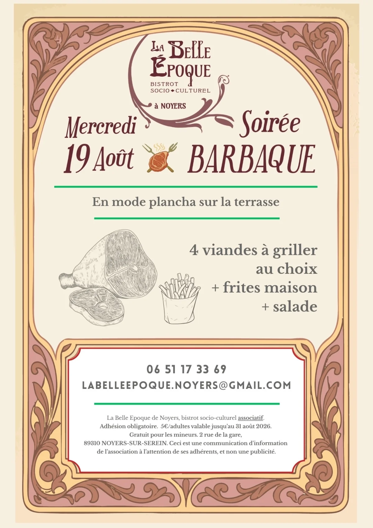 Soirée Barbaque en terrasse – Noyers-sur-Serein (La Belle Epoque de Noyers / Bistrot socio-culturel associatif) (affiche de l’événement)