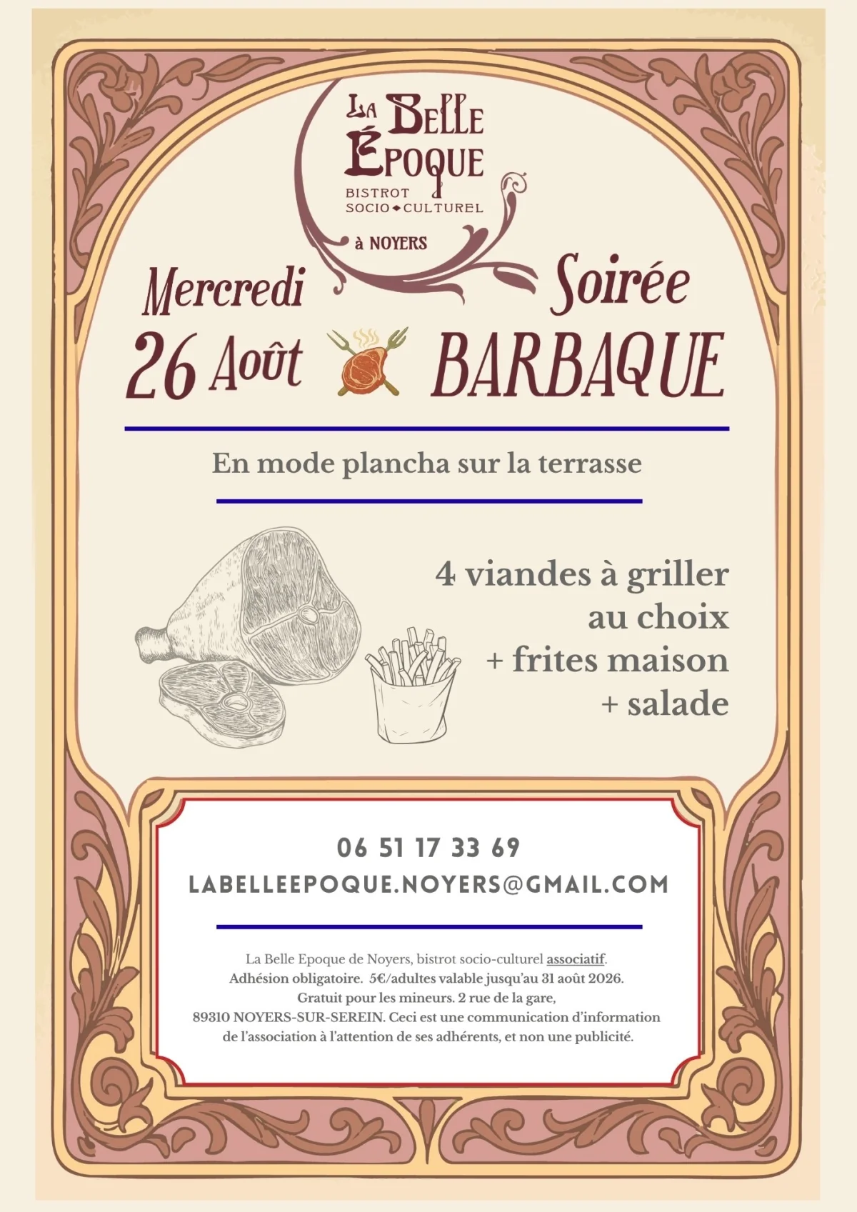 Soirée Barbaque en terrasse – Noyers-sur-Serein (La Belle Epoque de Noyers / Bistrot socio-culturel associatif) (affiche de l’événement)