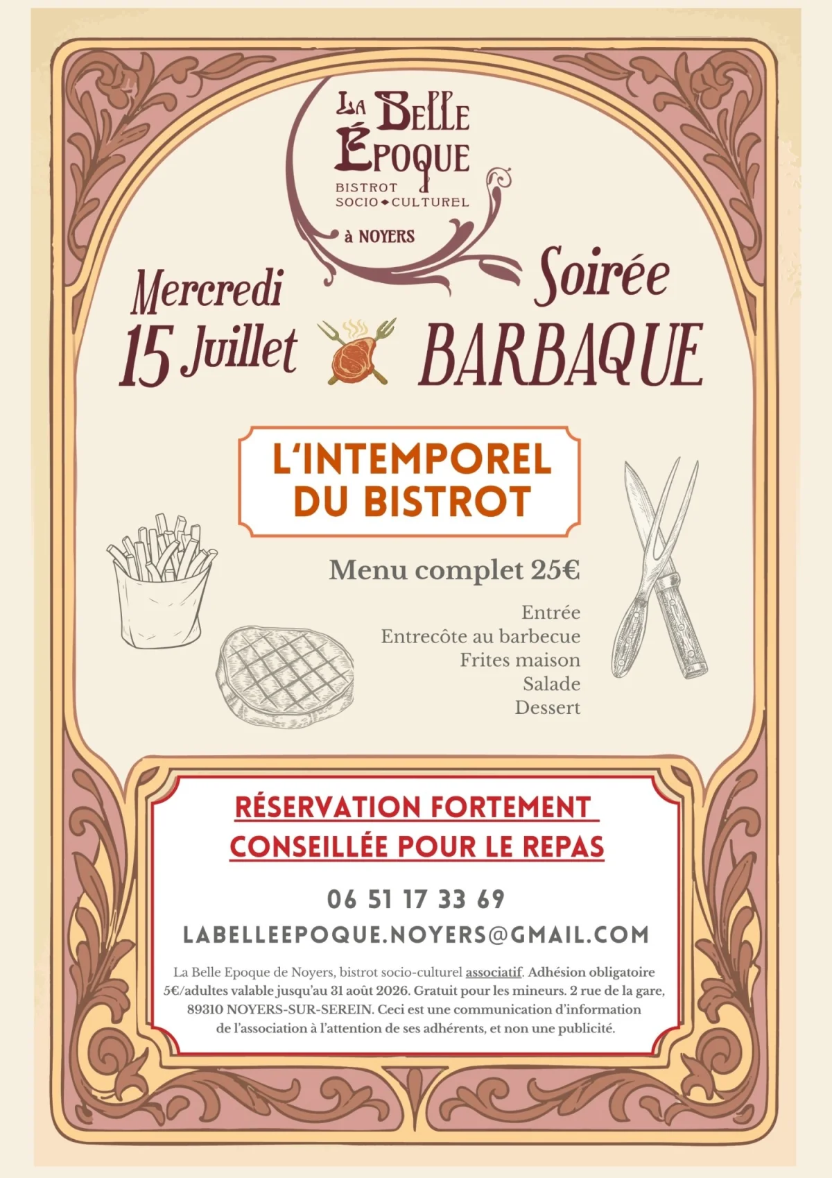 Soirée Barbaque entrecôte frites – Noyers-sur-Serein (La Belle Epoque de Noyers / Bistrot socio-culturel associatif) (affiche de l’événement)