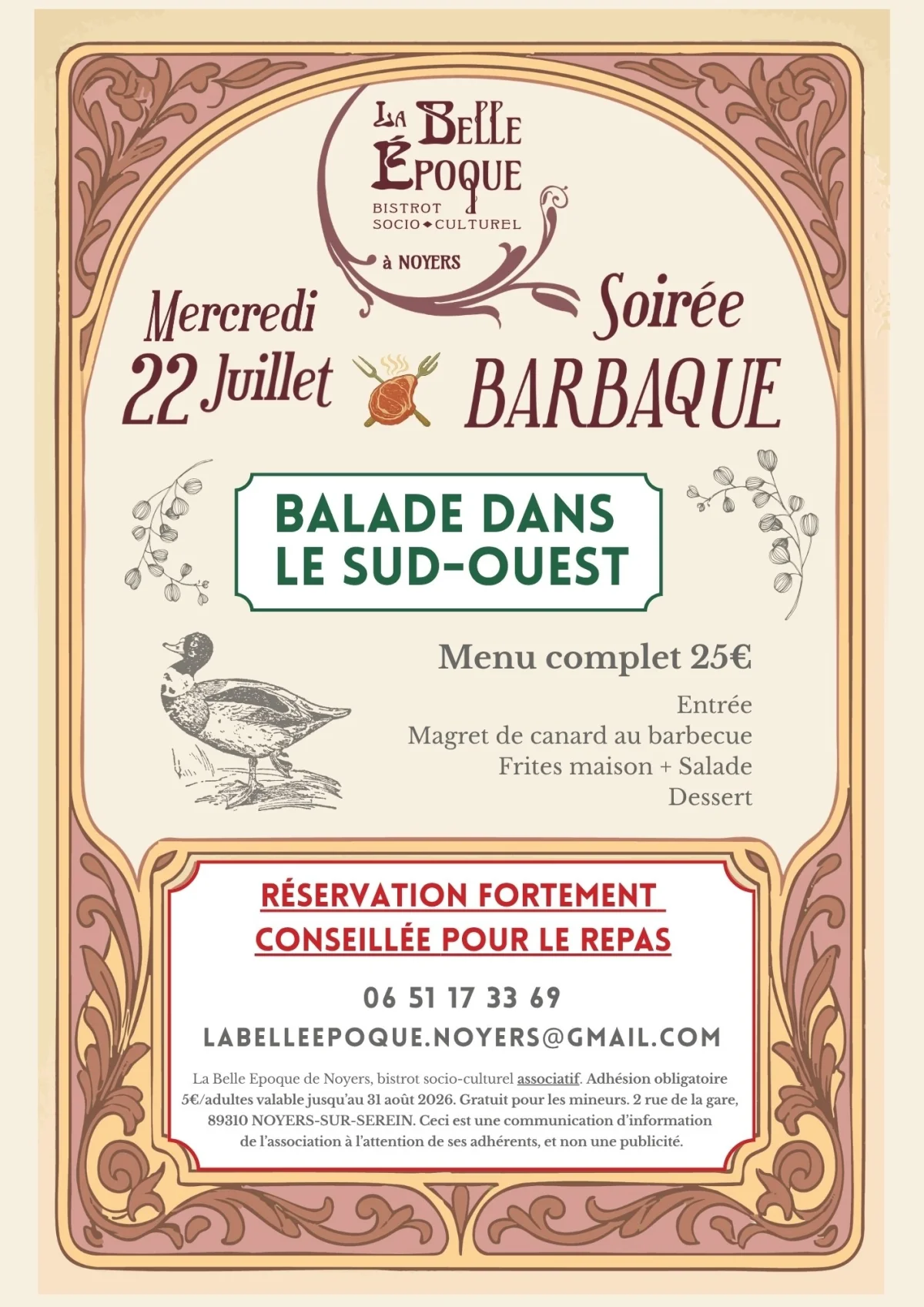 Soirée Barbaque - Magrets de canards – Noyers-sur-Serein (La Belle Epoque de Noyers / Bistrot socio-culturel associatif) (affiche de l’événement)
