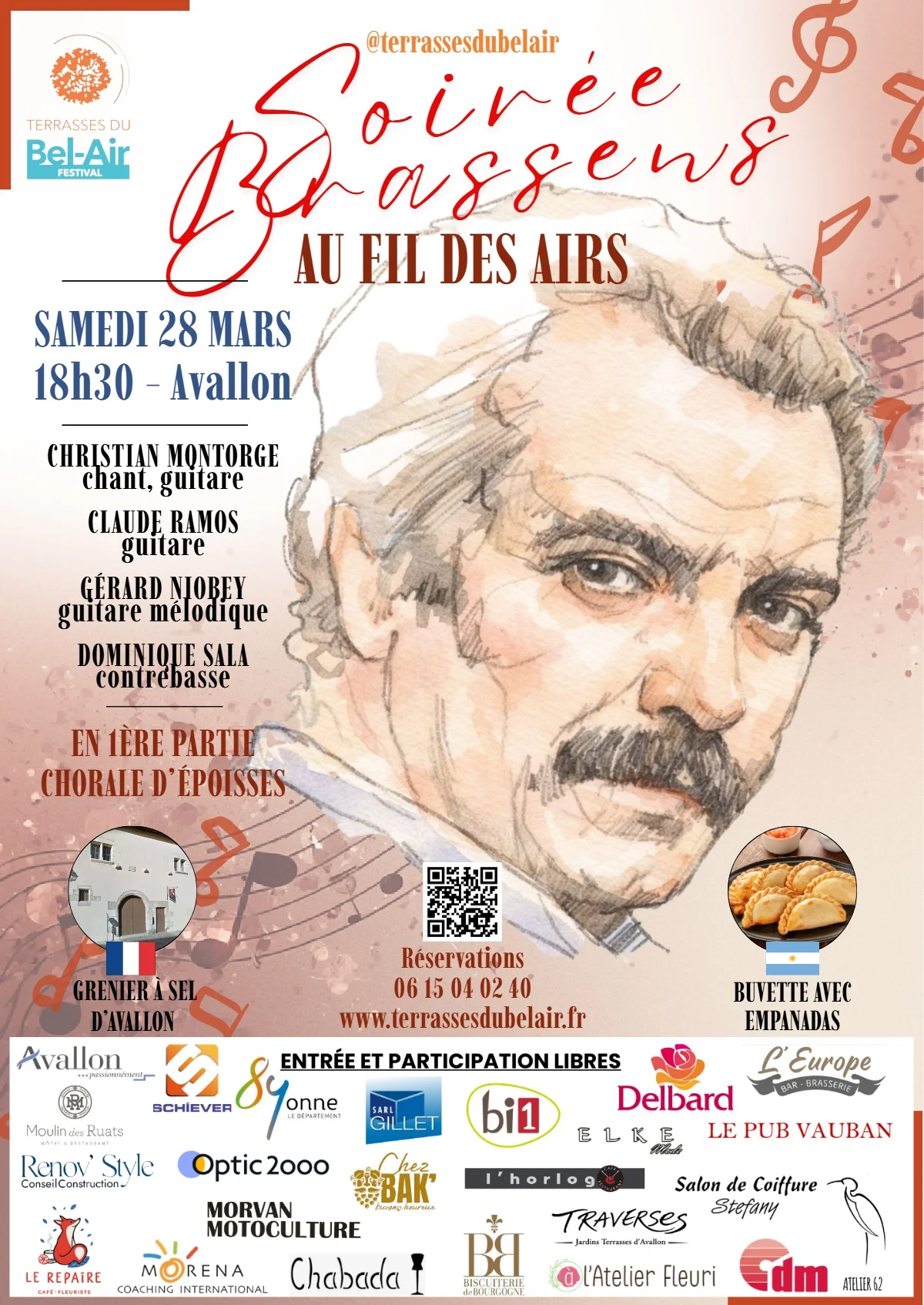 Soirée "Brassens" avec le groupe "Au fil des airs" + 1ère partie avec la Chorale d'Epoisses dans le cadre du Festival Terrasses du Bel-Air – Avallon (Grenier à sel) (affiche de l’événement)