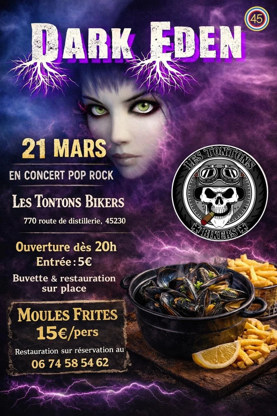 Soirée repas concert avec Dark Eden - Pop / Funk / Disco – Sainte-Geneviève-des-Bois / Loiret (Les Tontons Bikers) (affiche de l’événement)