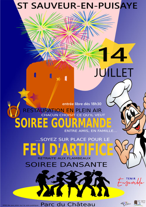 Soirée gourmande et feu d'artifice + soirée dansante et retraite aux flambeaux – Saint-Sauveur-en-Puisaye (Parc du Château) (affiche de l’événement)