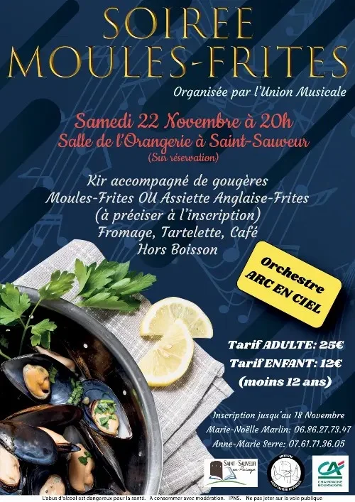 Soirée Moules Frites ou Assiette Anglaise Frites – Saint-Sauveur-en-Puisaye (Salle de l'Orangerie) (affiche de l’événement)