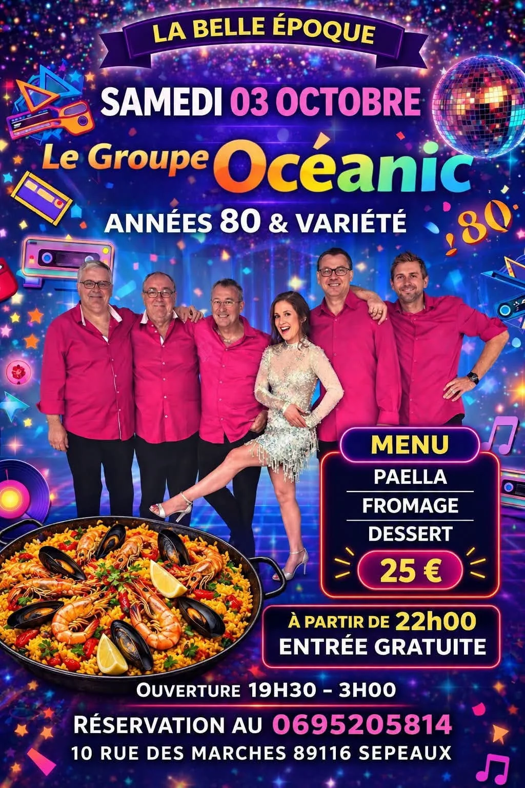 Soirée repas-concert avec le groupe Océanic (Années 80 & variété) – Sépeaux (La Belle Epoque) (affiche de l’événement)