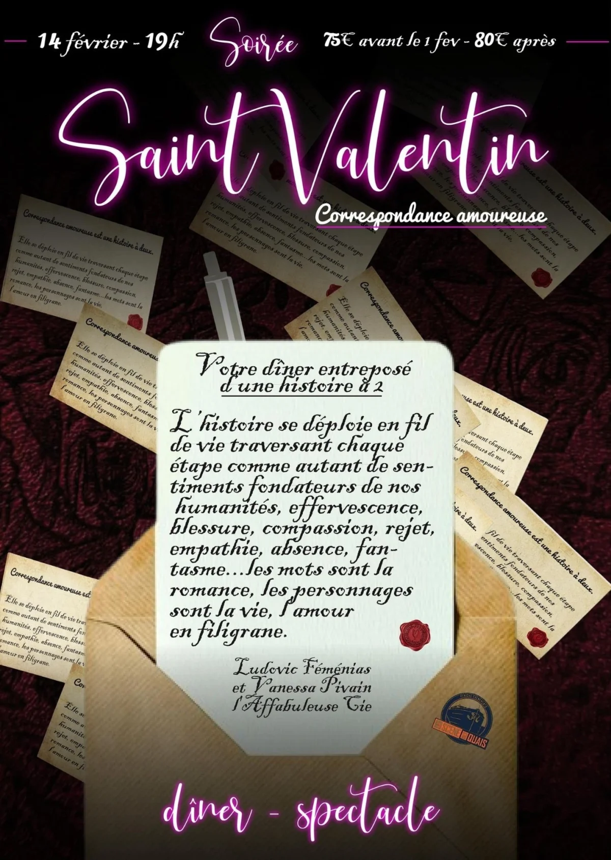 Soirée st valentin - Dîner spectacle - Soirée dansante - Correspondance amoureuse – Auxerre (péniche-spectacles La scène des quais) (affiche de l’événement)