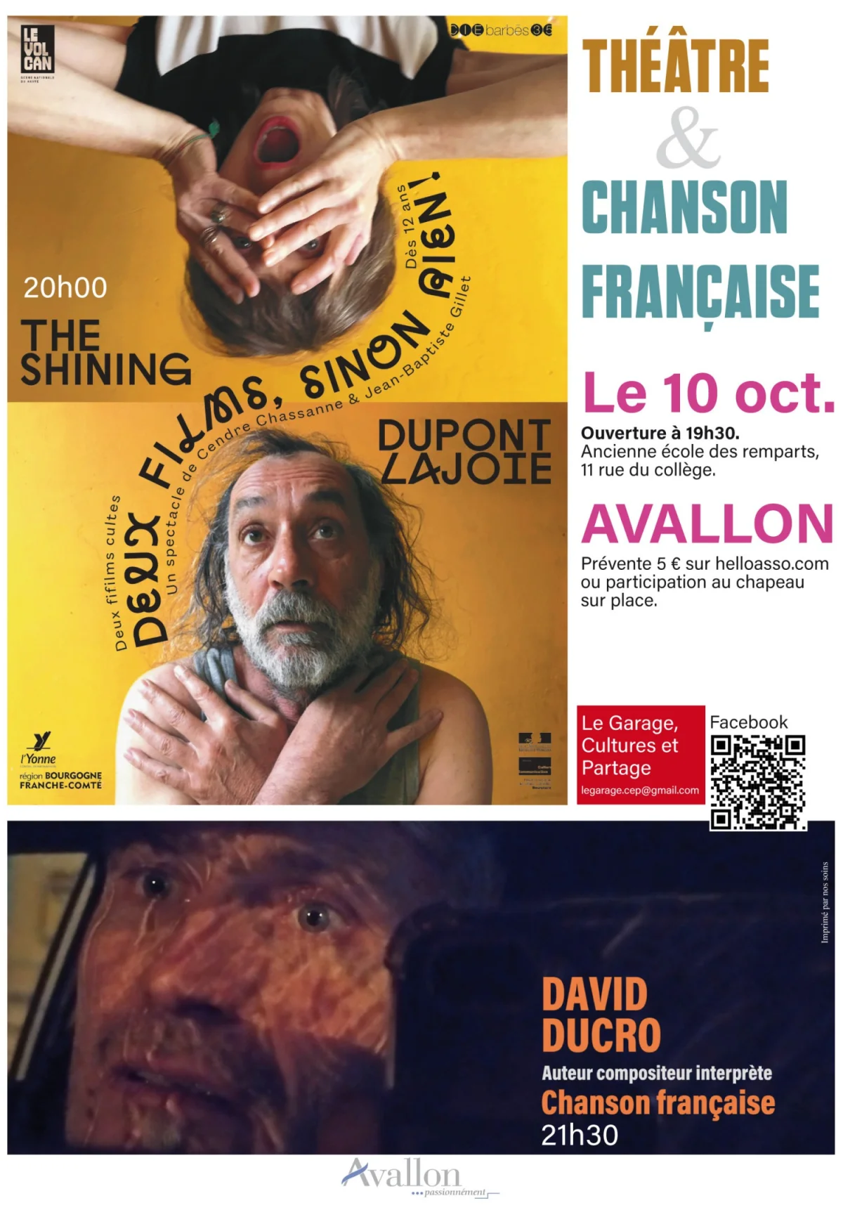 Soirée théâtre et concert : "2 Films sinon rien !" et chanson française avec David Ducro – Avallon (Ancienne école des Remparts) (affiche de l’événement)
