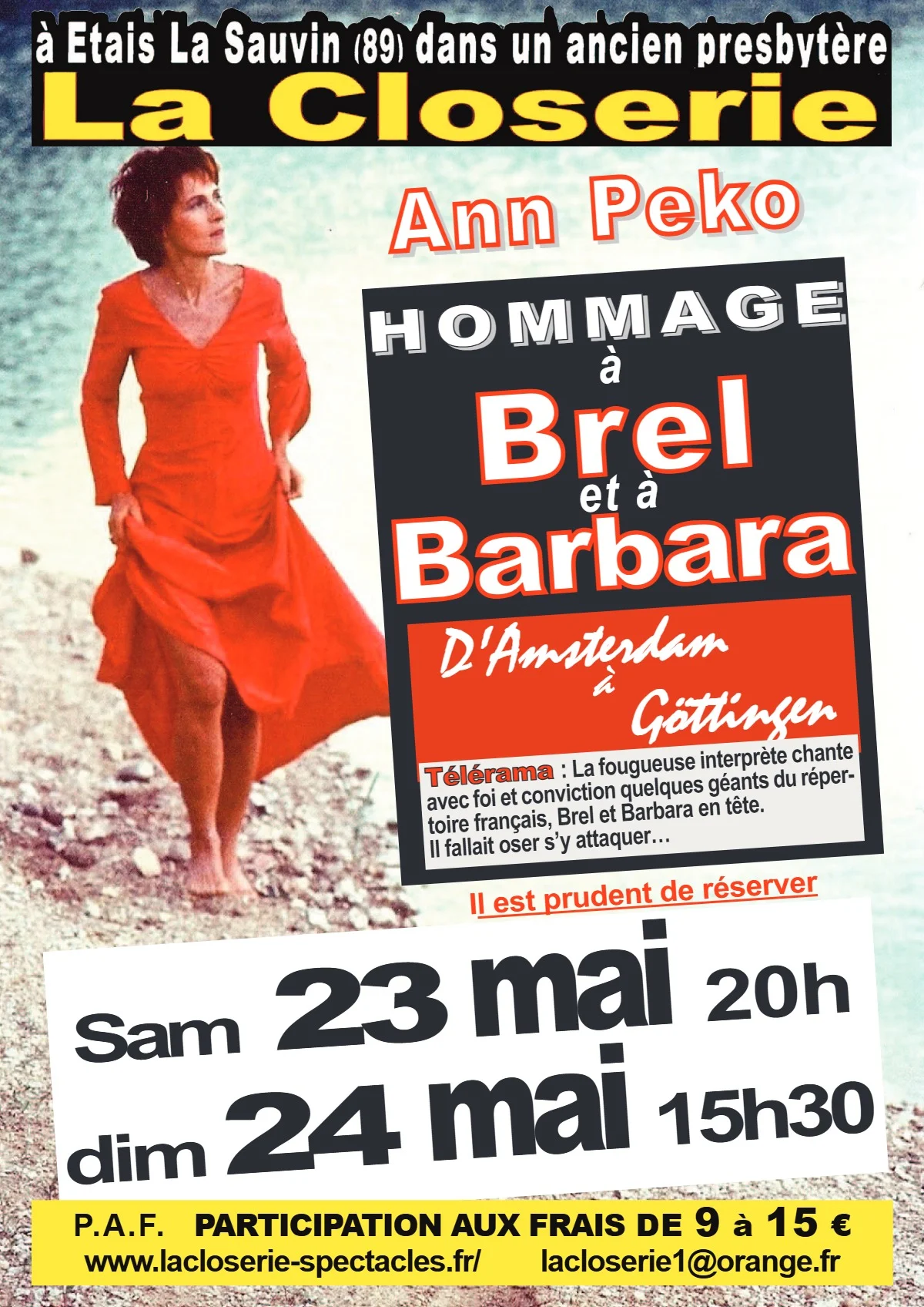 Spectacle "D’Amsterdam à Göttingen" (Hommage à Brel et Barbara) avec Ann Peko – Etais-la-Sauvin (Théâtre de la Closerie) (affiche de l’événement)