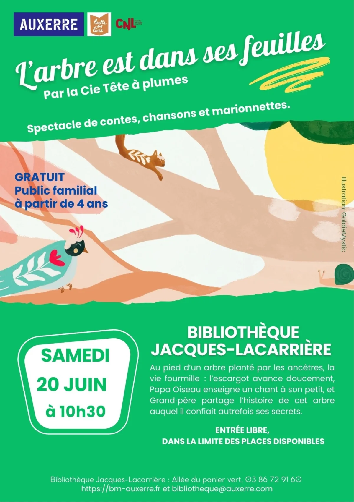 Spectacle L'arbre est dans ses feuilles – Auxerre (Bibliothèque Jacques-Lacarrière) (affiche de l’événement)