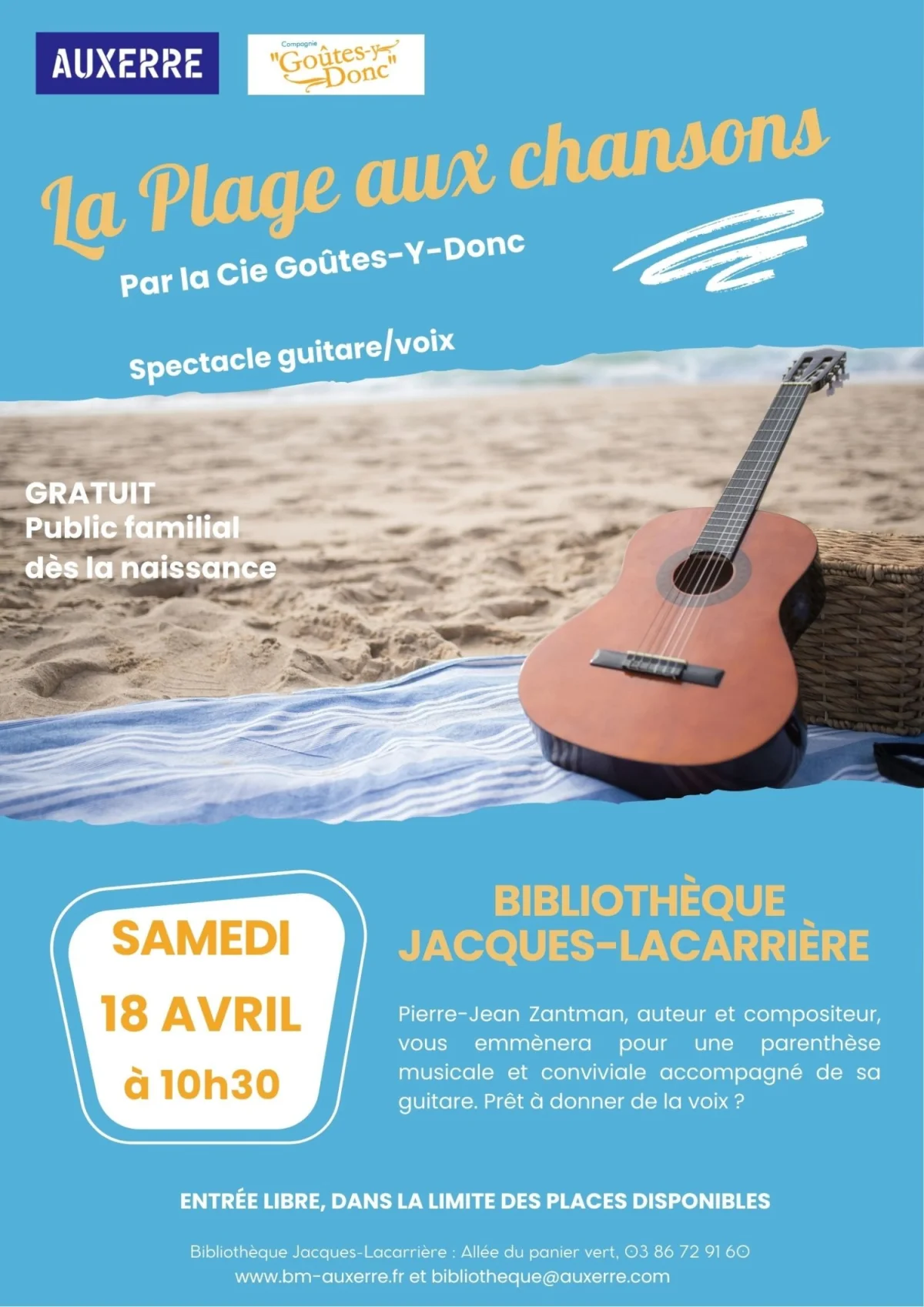 Spectacle La plage aux chansons – Auxerre (Bibliothèque Jacques-Lacarrière) (affiche de l’événement)