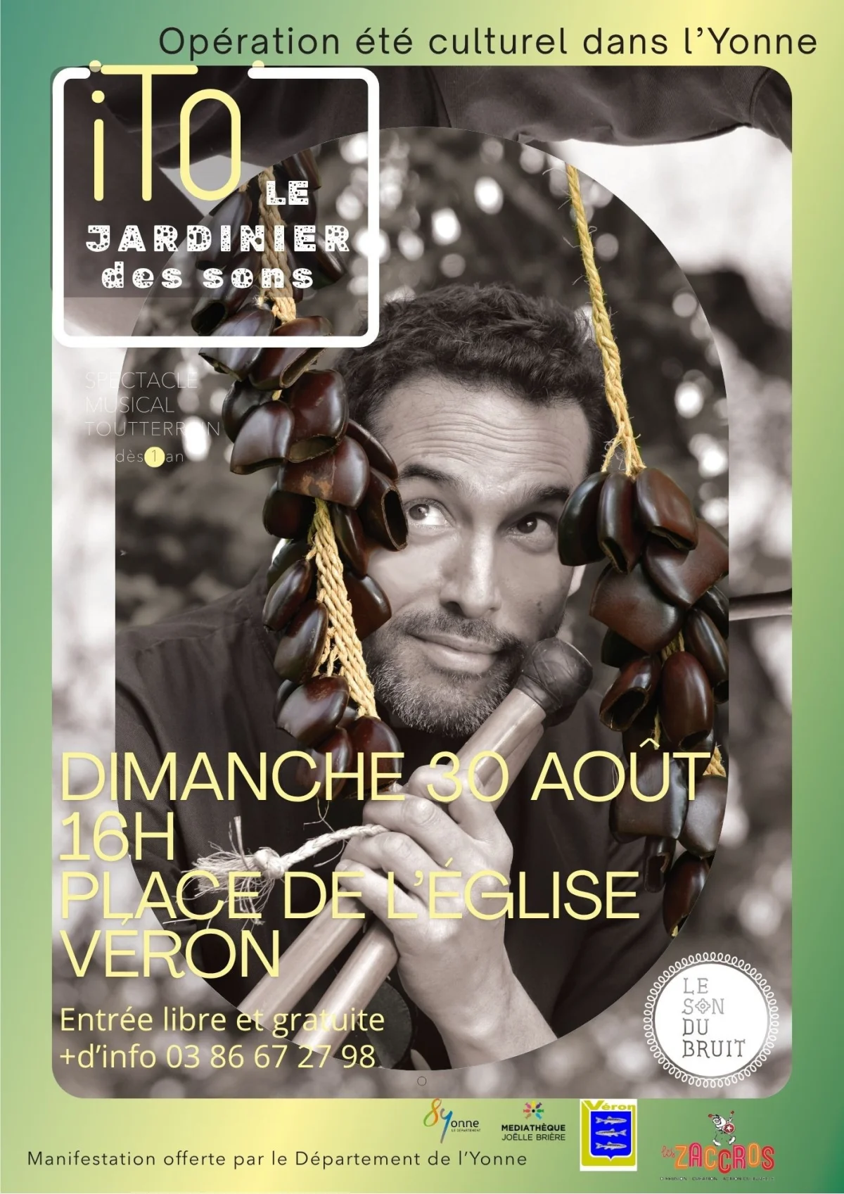 Spectacle musical "Ito le jardinier des sons" de la compagnie Le Son du Bruit – Véron (Place de l'église) (affiche de l’événement)