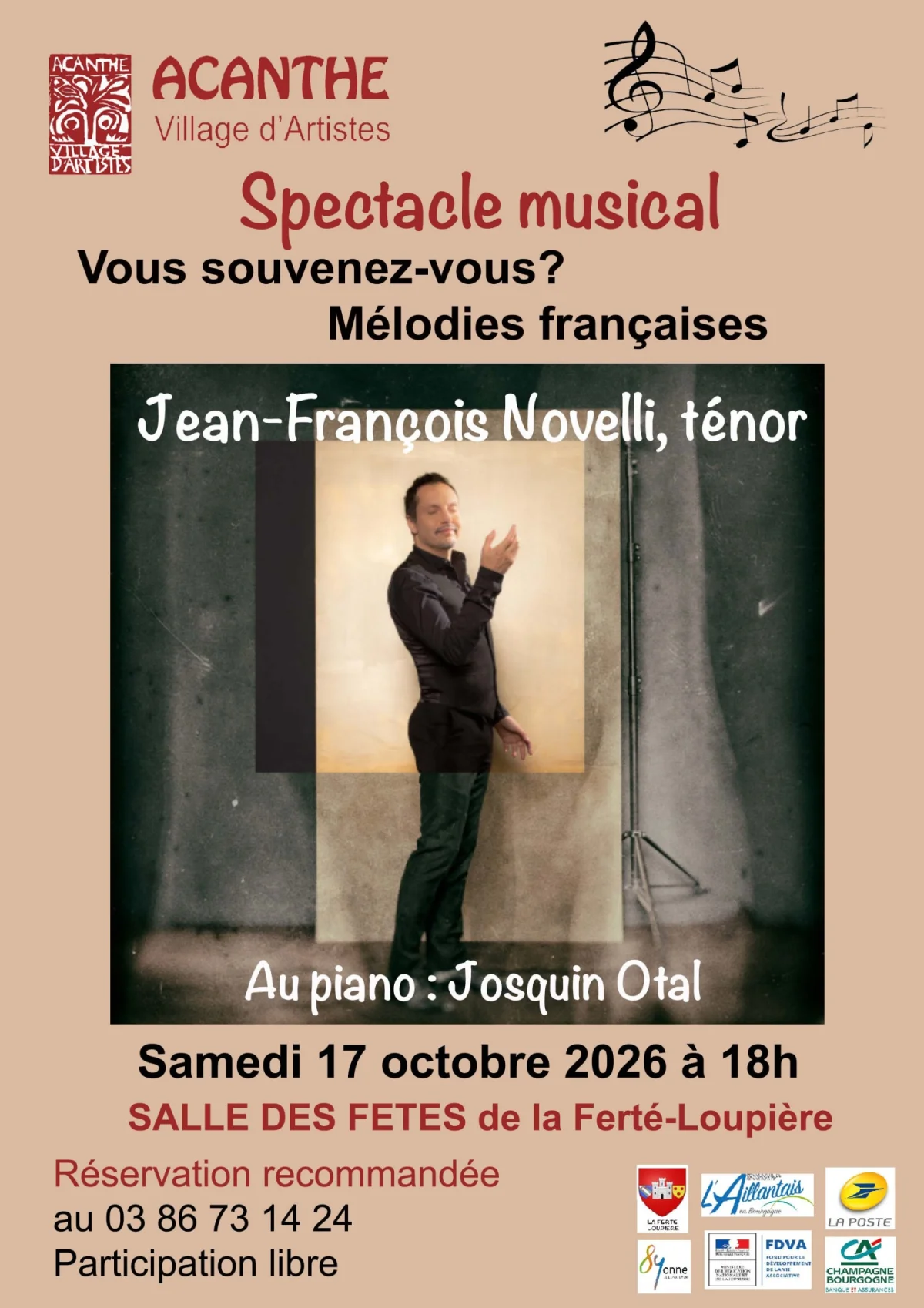 Spectacle musical  "vous souvenez-vous?" mélodies françaises avec Jean-François Novelli ténor et Josquin Otal – La Ferté-Loupière (Salle des fêtes / face à l'église, entrée sur la gauche) (affiche de l’événement)