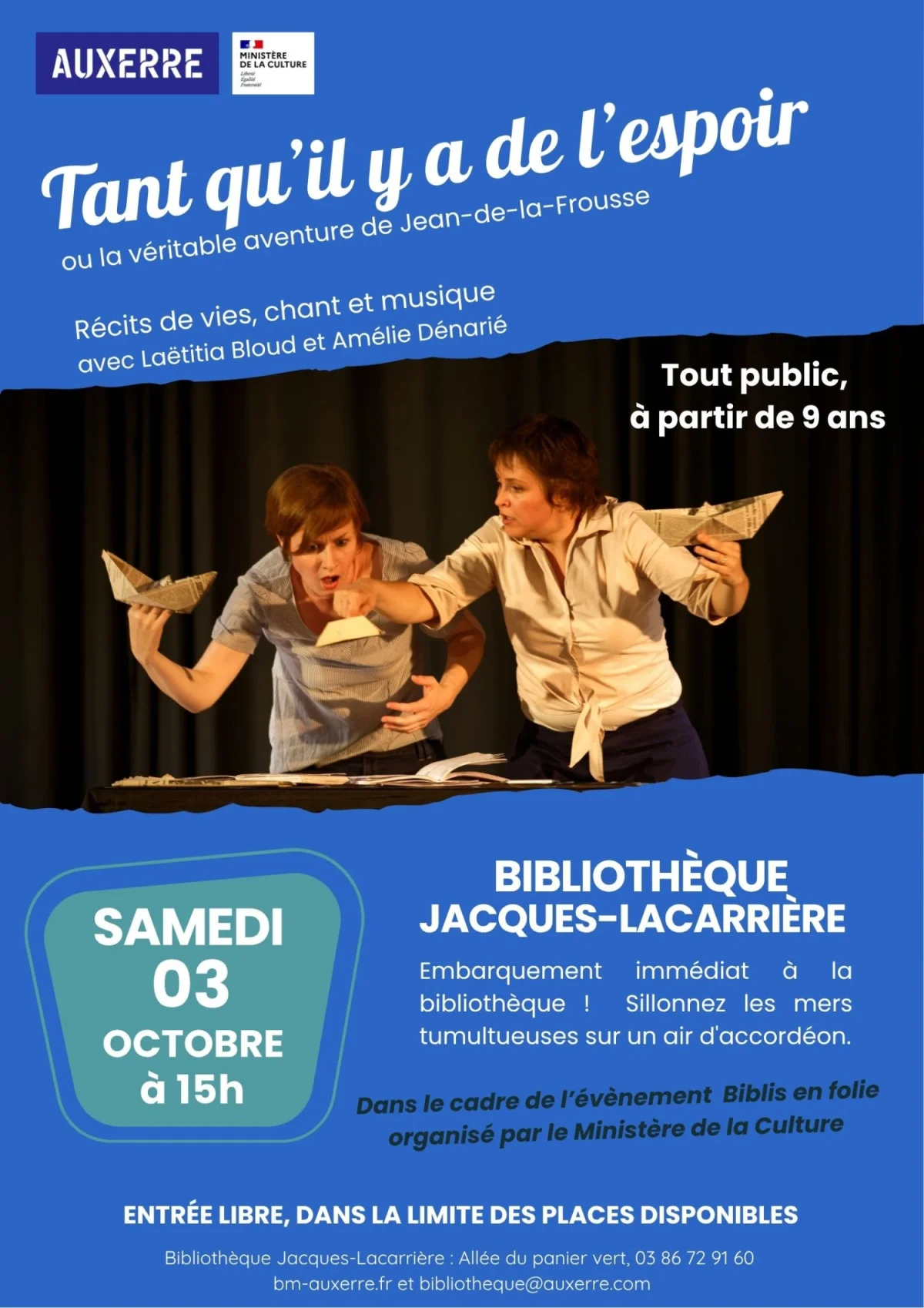Spectacle Tant qu'il y a de l'espoir – Auxerre (bibliothèque Jacques-Lacarrière) (affiche de l’événement)