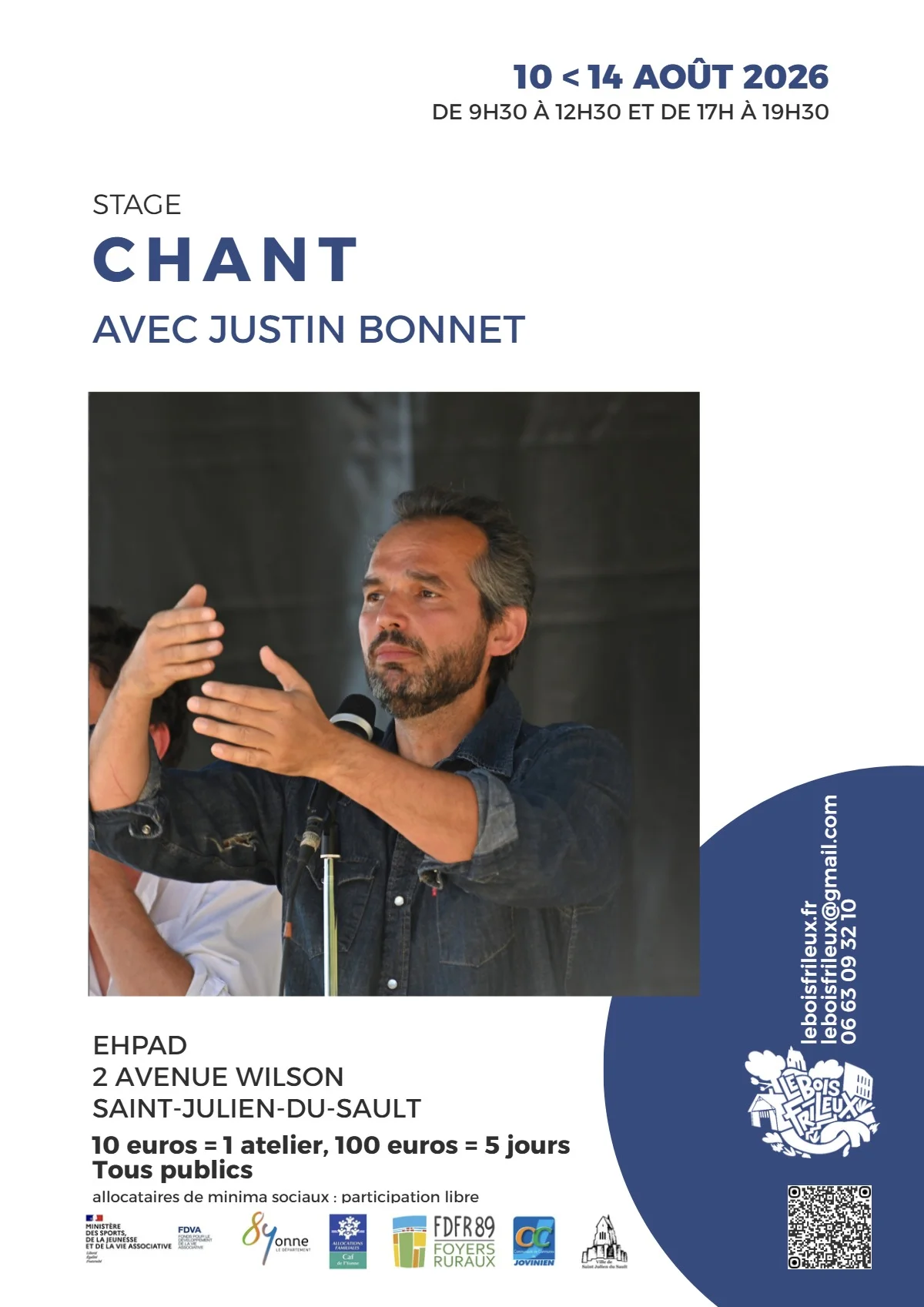 Stage de chant avec Justin Bonnet : Préparation à une balade chantée sur le thème de l'eau dans les rues de St Julien du Sault – Saint Julien du Sault (Tiers Lieu de l'EHPAD) (affiche de l’événement)