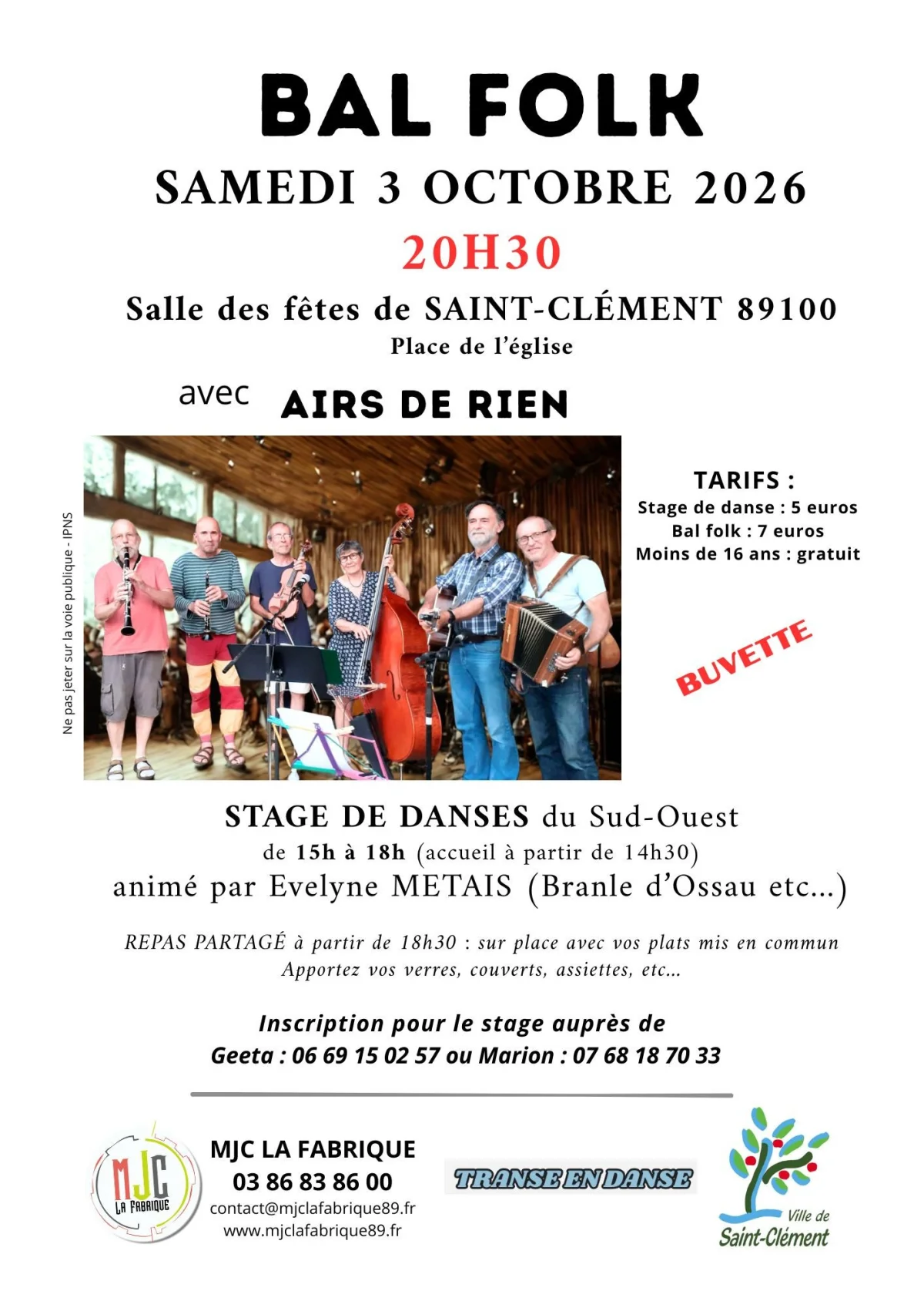 Stage de danses + Bal folk – Saint Clément (Salle des Fêtes) (affiche de l’événement)