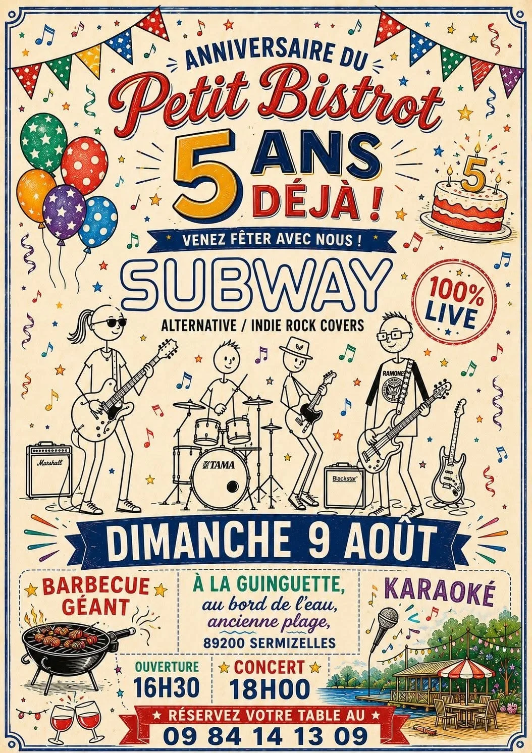 Concert avec Subway, groupe de reprises indie rock et pop-rock, en live à l’occasion des 5 ans anniversaire de Au Petit Bistrot + buffet et barbecue géant + Karaoké – Sermizelles (La Guinguette du Petit Bistrot / Ancienne plage) (affiche de l’événement)