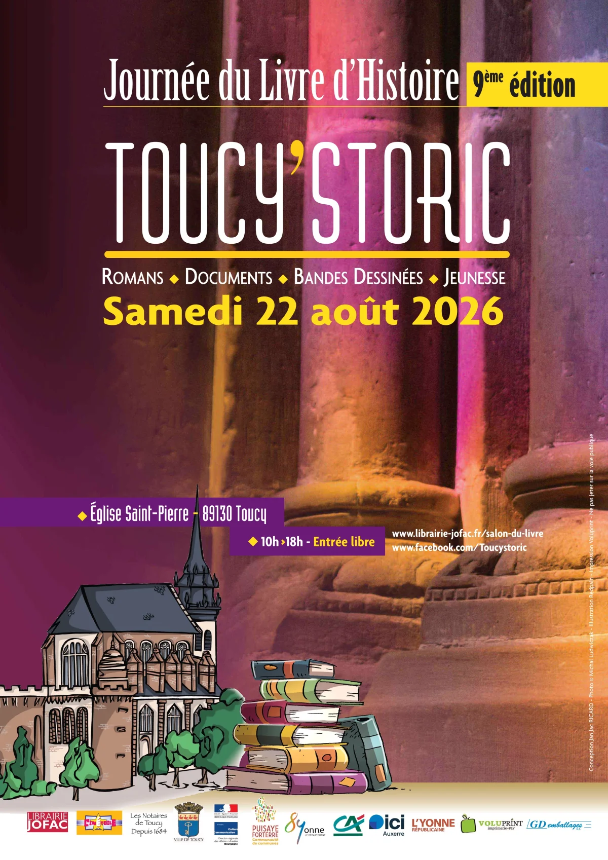 Toucy'Storic : 9ème édition de la Journée du livre d’histoire en Puisaye / Romans, documents, bandes dessinées, jeunesse) / Présidente : Cécile Berly (historienne) / Invité d'honneur : Vincent Crouzet – Toucy (Eglise Saint-Pierre) (affiche de l’événement)