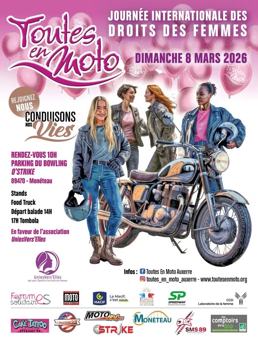 Toutes en Moto / Journée internationale des droits des femmes – Monéteau (Parking du bowling O’Strike) (affiche de l’événement)