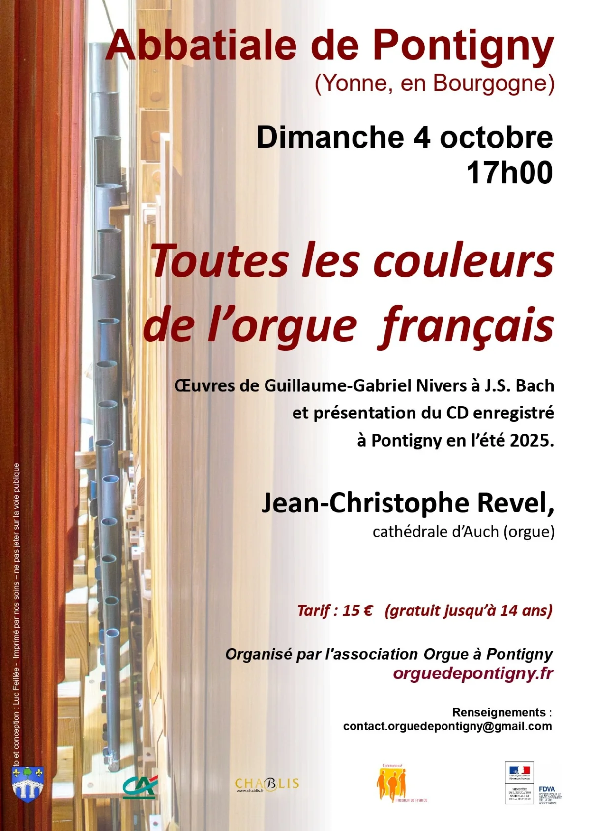 Concert : "Toutes les couleurs de l'orgue français" avec Jean-Christophe Revel, titulaire de l’orgue de la cathédrale d’Auch (Oeuvres de Guillaume-Gabriel Nivers, André Raison, Régis Campo et J. S. Bach) – Pontigny (Abbatiale) (affiche de l’événement)