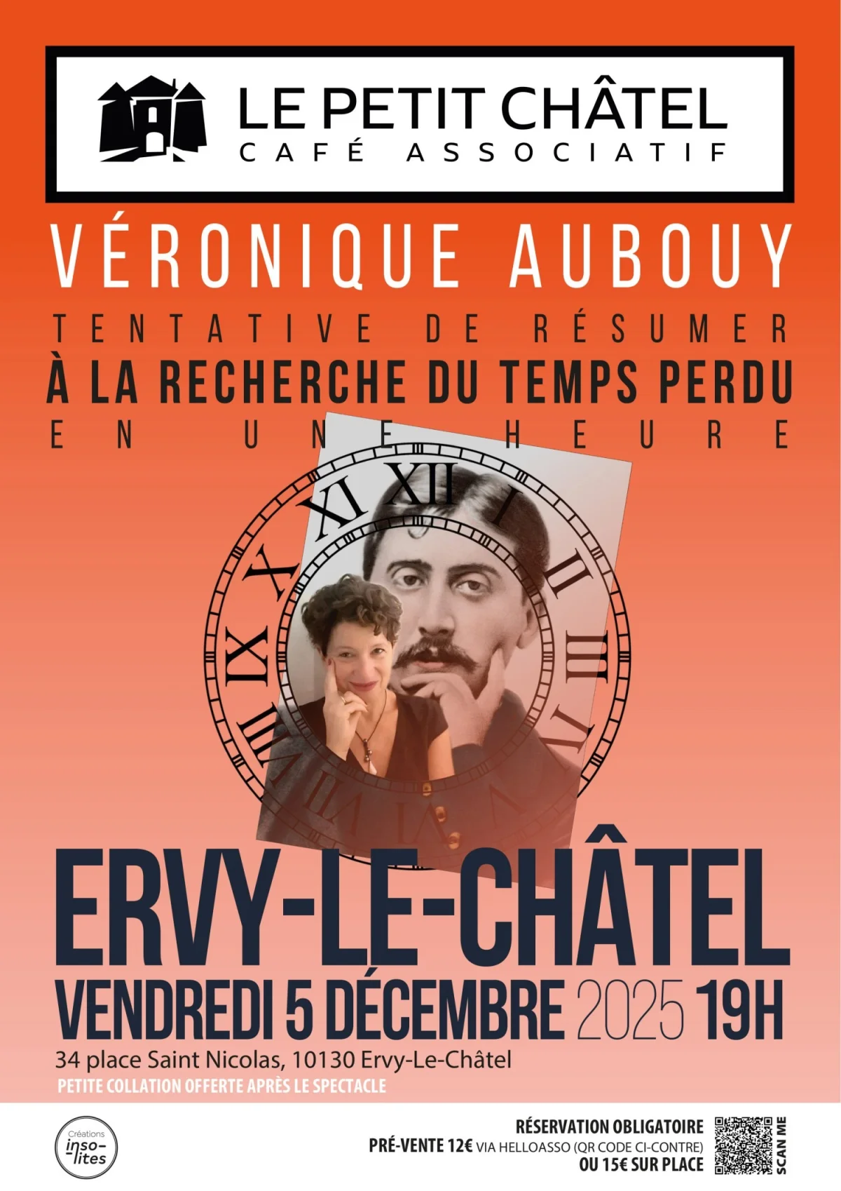 UNE "TENTATIVE DE RÉSUMER A LA RECHERCHE DU TEMPS PERDU EN UNE HEURE" de Véronique Aubouy – Ervy-le-Châtel / Aube (Café associatif Le Petit Châtel) (affiche de l’événement)