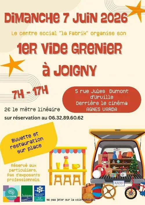 Vide grenier du Centre social La Fabrik – Joigny (Centre social La Fabrik / 2 rue Jules Dumont d'Urville) (affiche de l’événement)