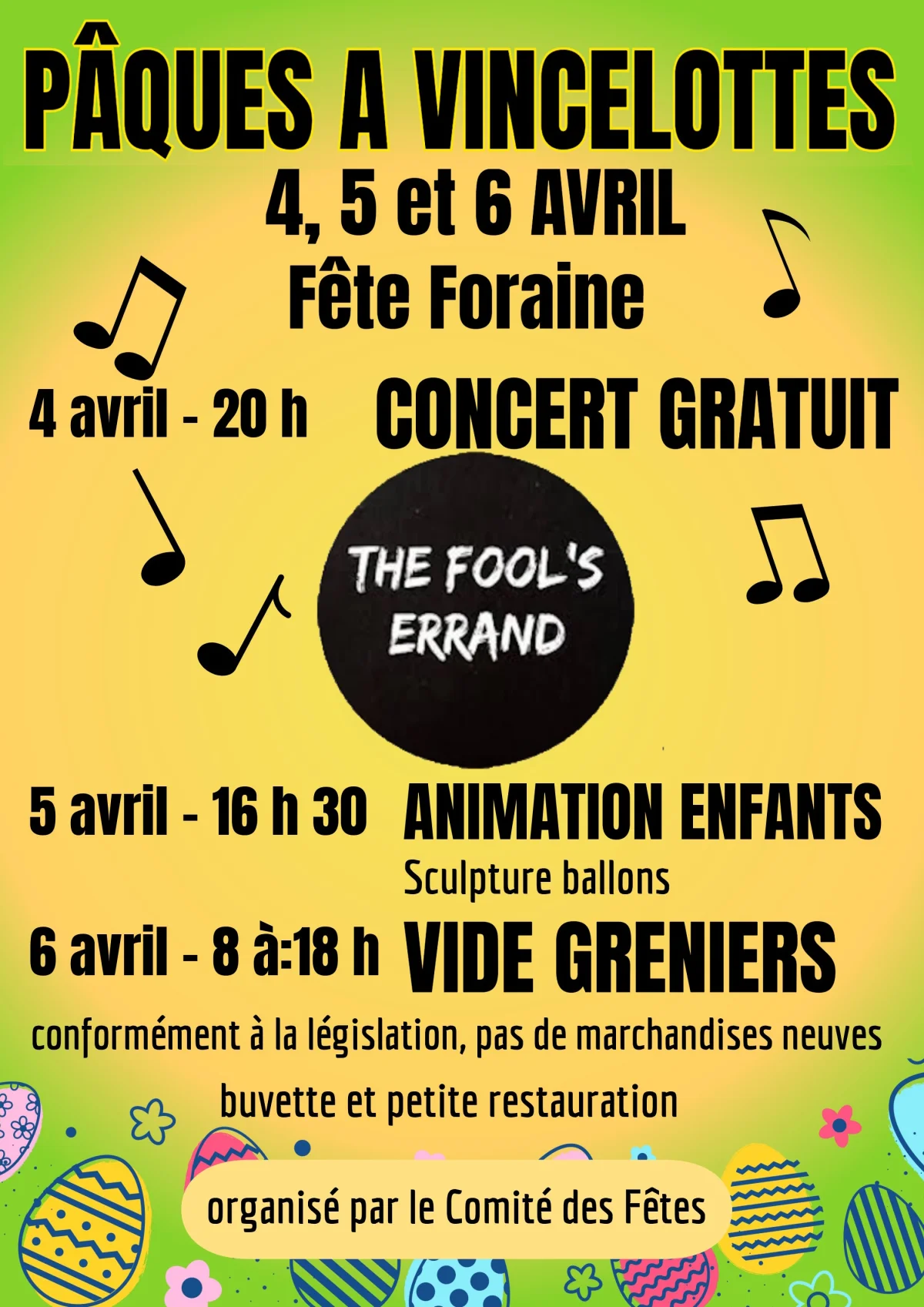 Pâques à Vincelottes (sur 3 jours) : Vide Greniers + Fête Foraine – Vincelottes (Place Théodore Longpré, rue du Moulin et bords de l'Yonne) (affiche de l’événement)