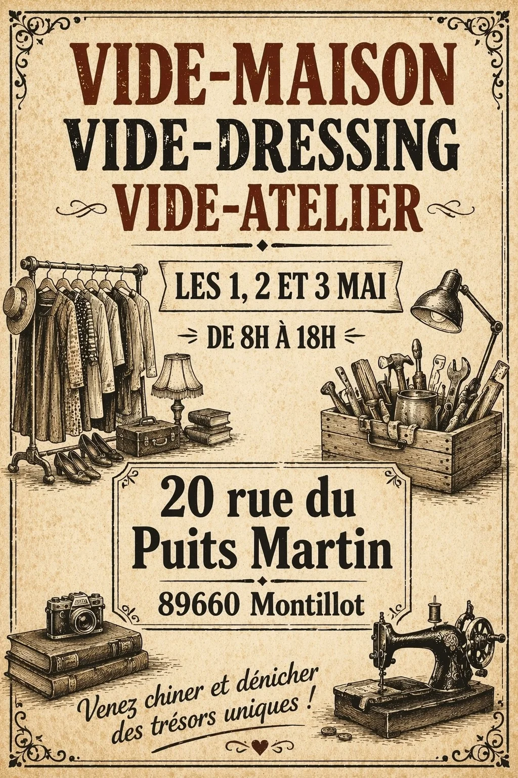 Vide maison, vide atelier, vide dressing – Montillot (affiche de l’événement)