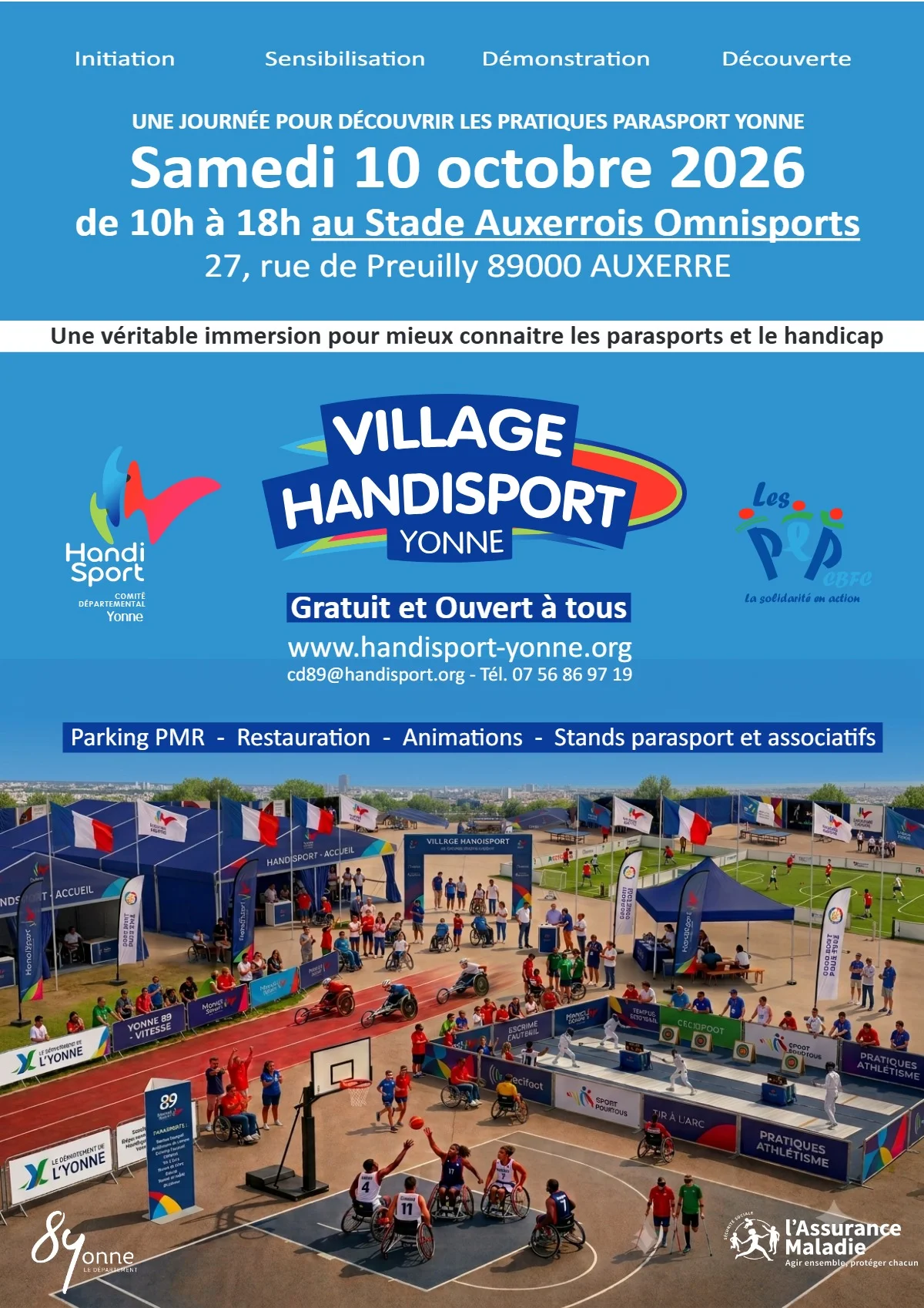 Village Handisport Yonne 2026 : Journée pour découvrir les pratiques parasport yonne (initiation, sensibilisation, démonstration, découverte) – Auxerre (Stade Auxerrois Omnisports) (affiche de l’événement)