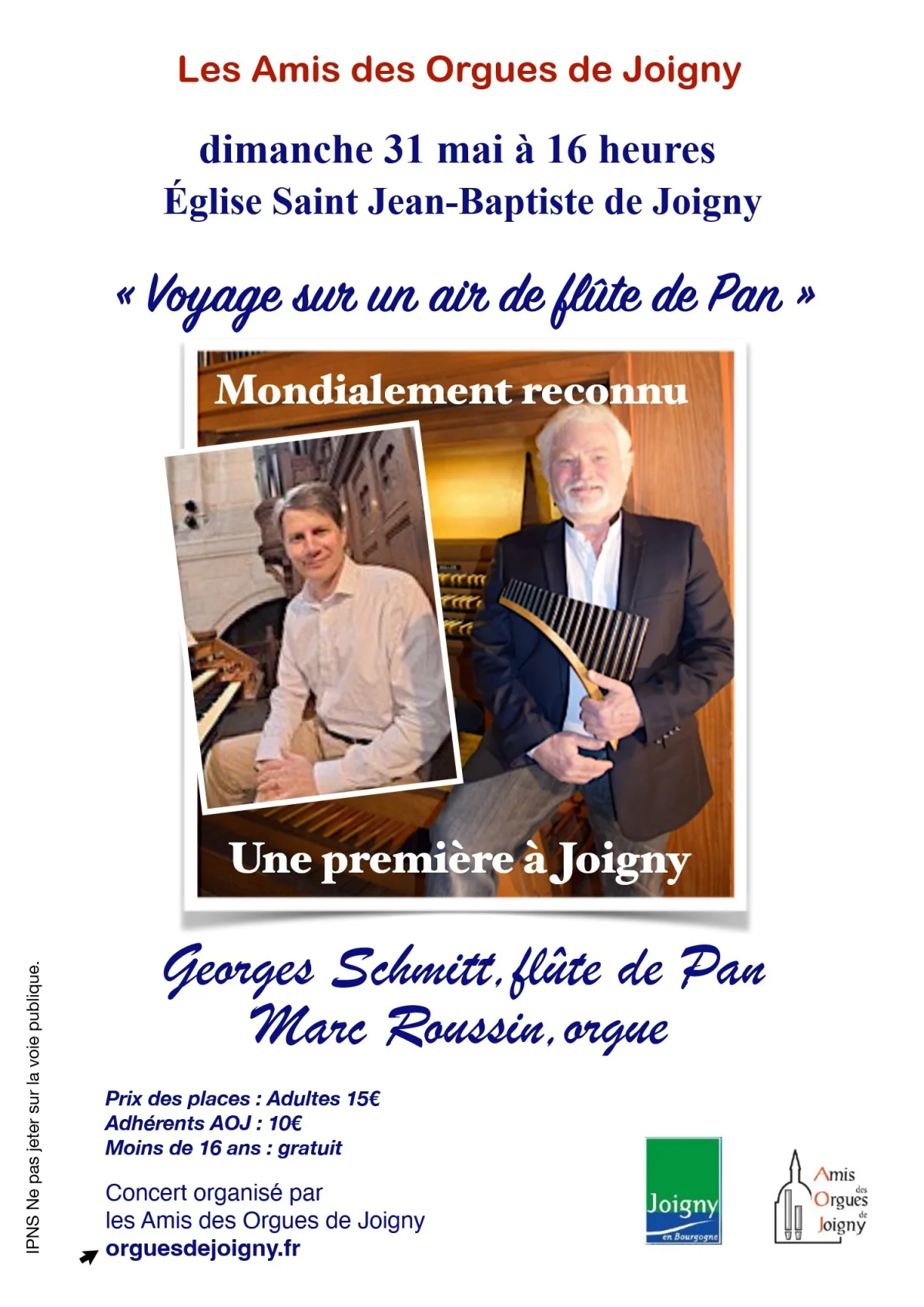 Concert : "Voyage sur un air de flûte de Pan" avec Georges Schmitt (flûte de Pan / mondialement reconnu) et Marc Roussin (orgue) – Joigny (Église Saint Jean-Baptiste de Joigny) (affiche de l’événement)