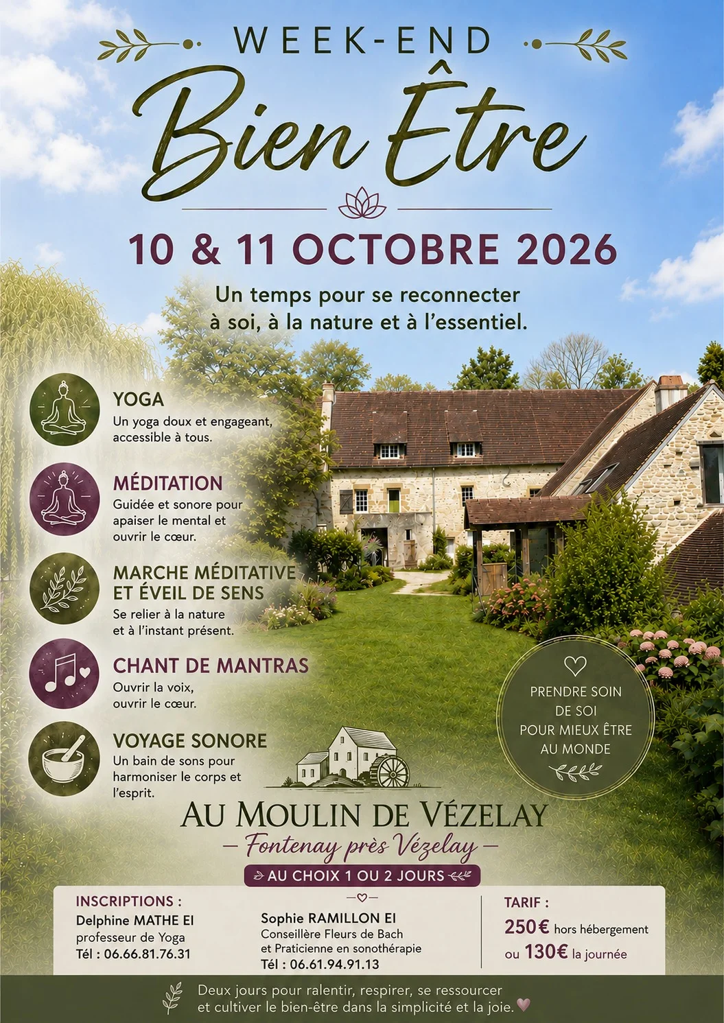 Week-end Bien être : Yoga, méditation, marche, chant et voyage sonore (sur une journée ou 2 jours au choix) – Fontenay-Pres-Vezelay (Moulin de Vézelay) (affiche de l’événement)